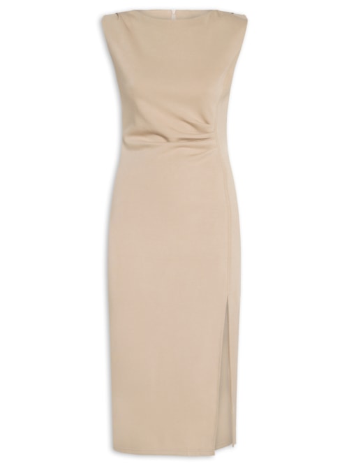Vestido Midi Drapeado Com Fenda - Bege