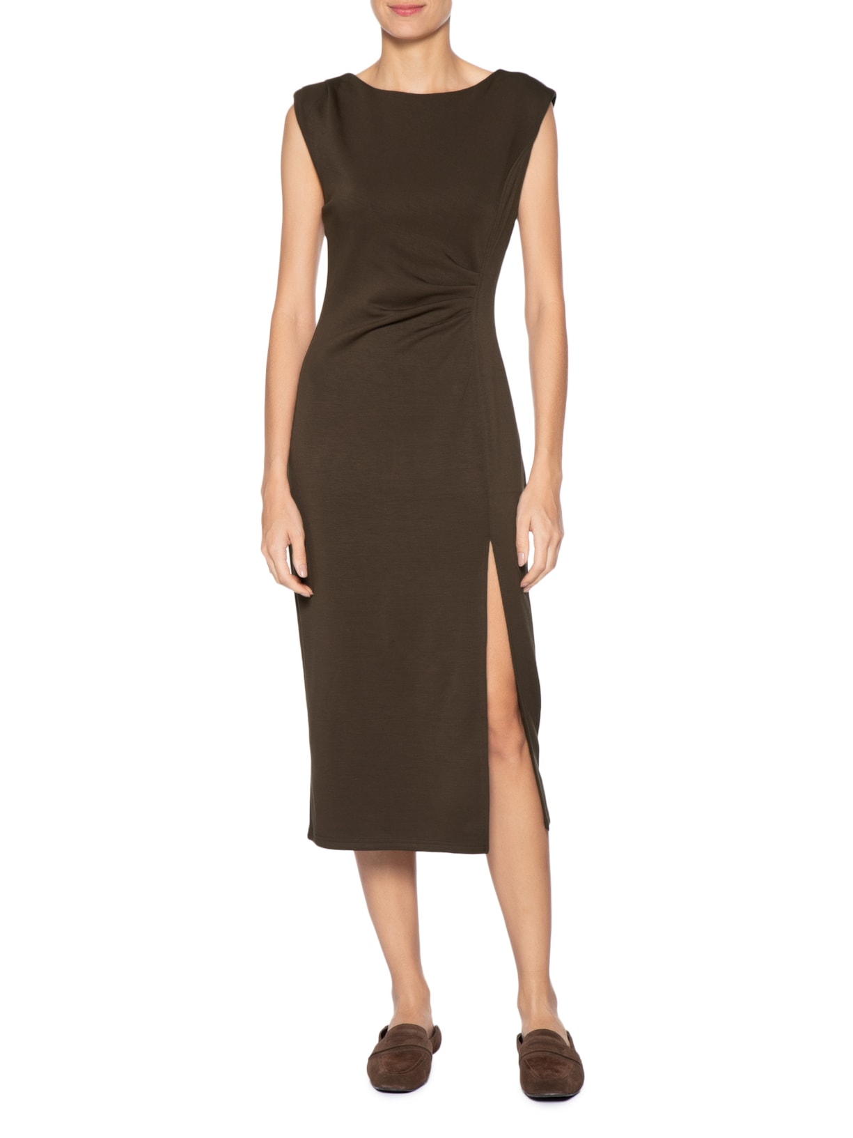 Vestido Midi Drapeado Com Fenda Marrom Basiq