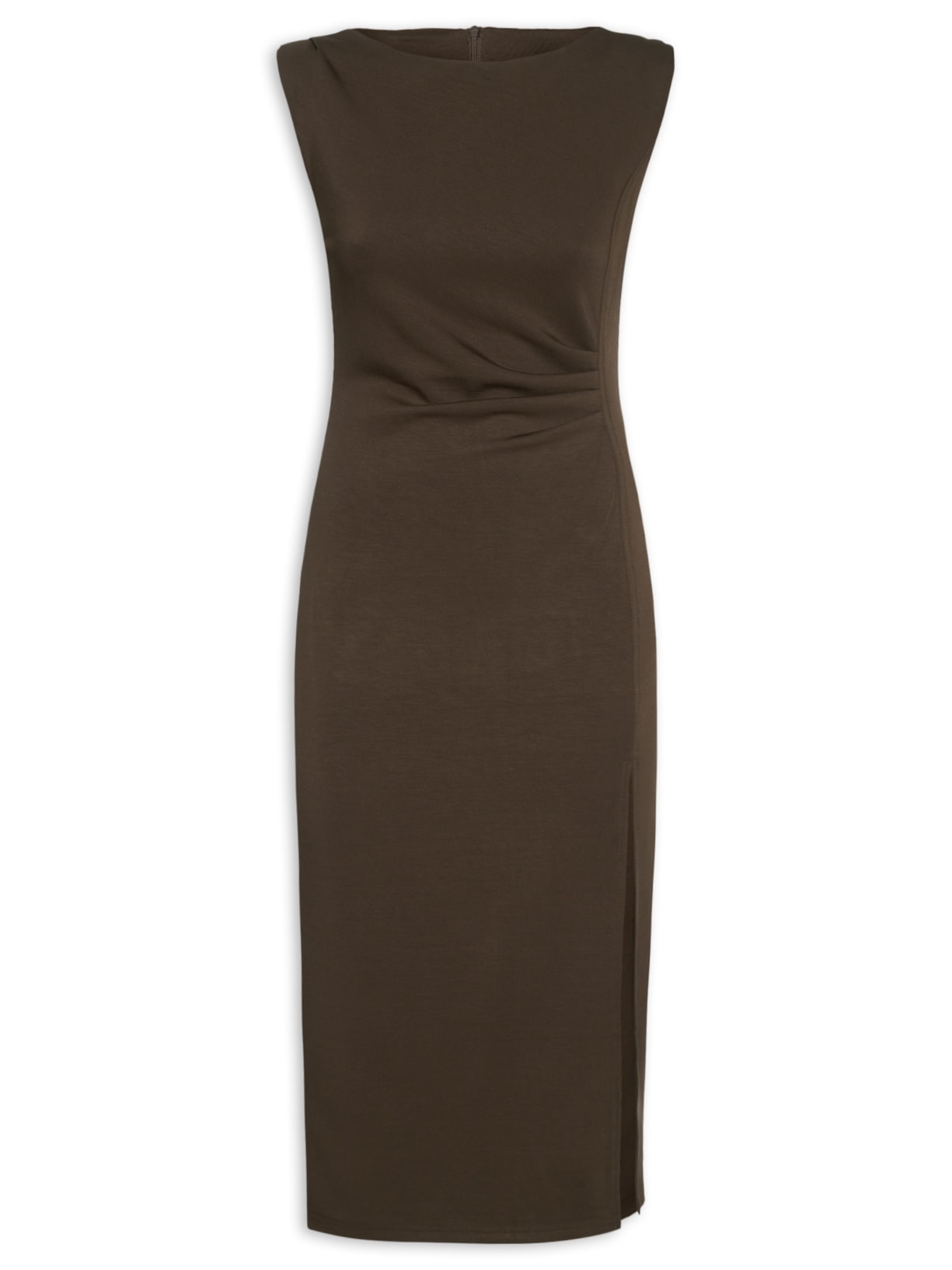 Vestido Midi Drapeado Com Fenda Marrom Basiq