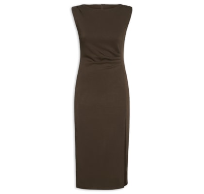 Vestido Midi Drapeado Com Fenda - Marrom