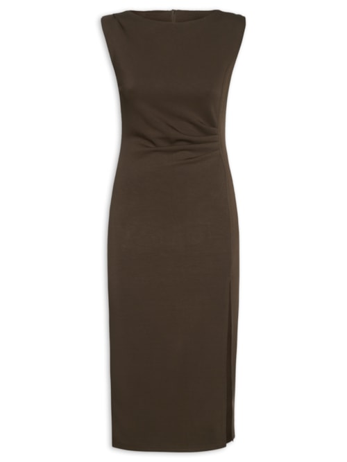 Vestido Midi Drapeado Com Fenda - Marrom