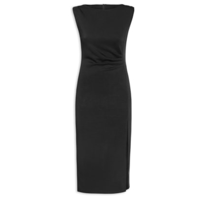 Vestido Midi Drapeado Com Fenda - Preto