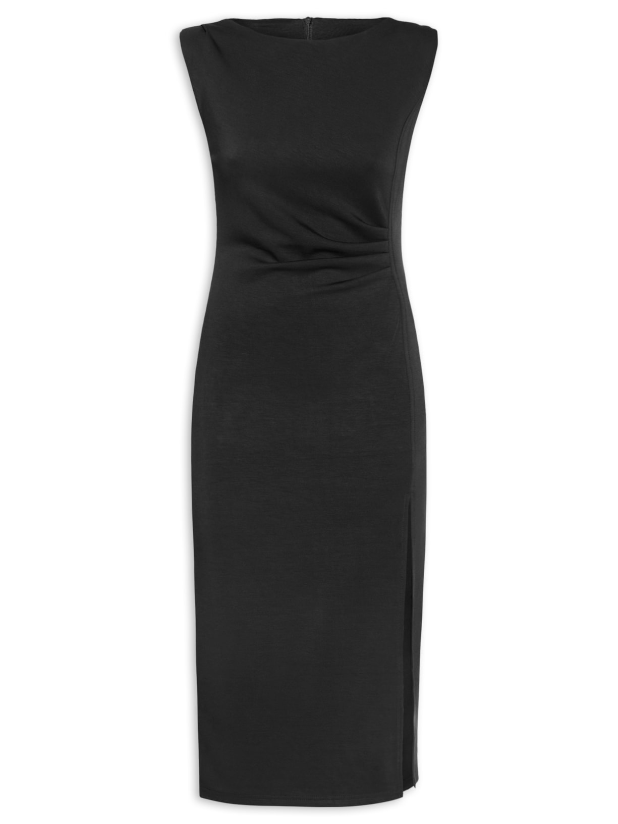 Vestido Midi Drapeado Com Fenda - Preto