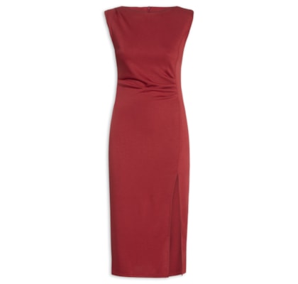 Vestido Midi Drapeado Com Fenda - Vermelho