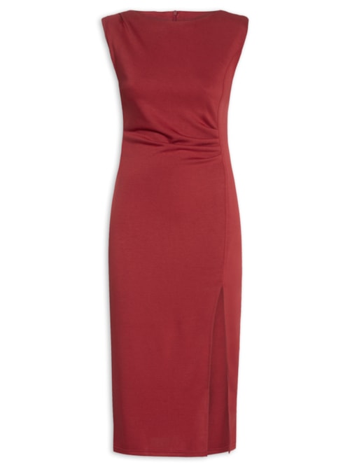 Vestido Midi Drapeado Com Fenda - Vermelho