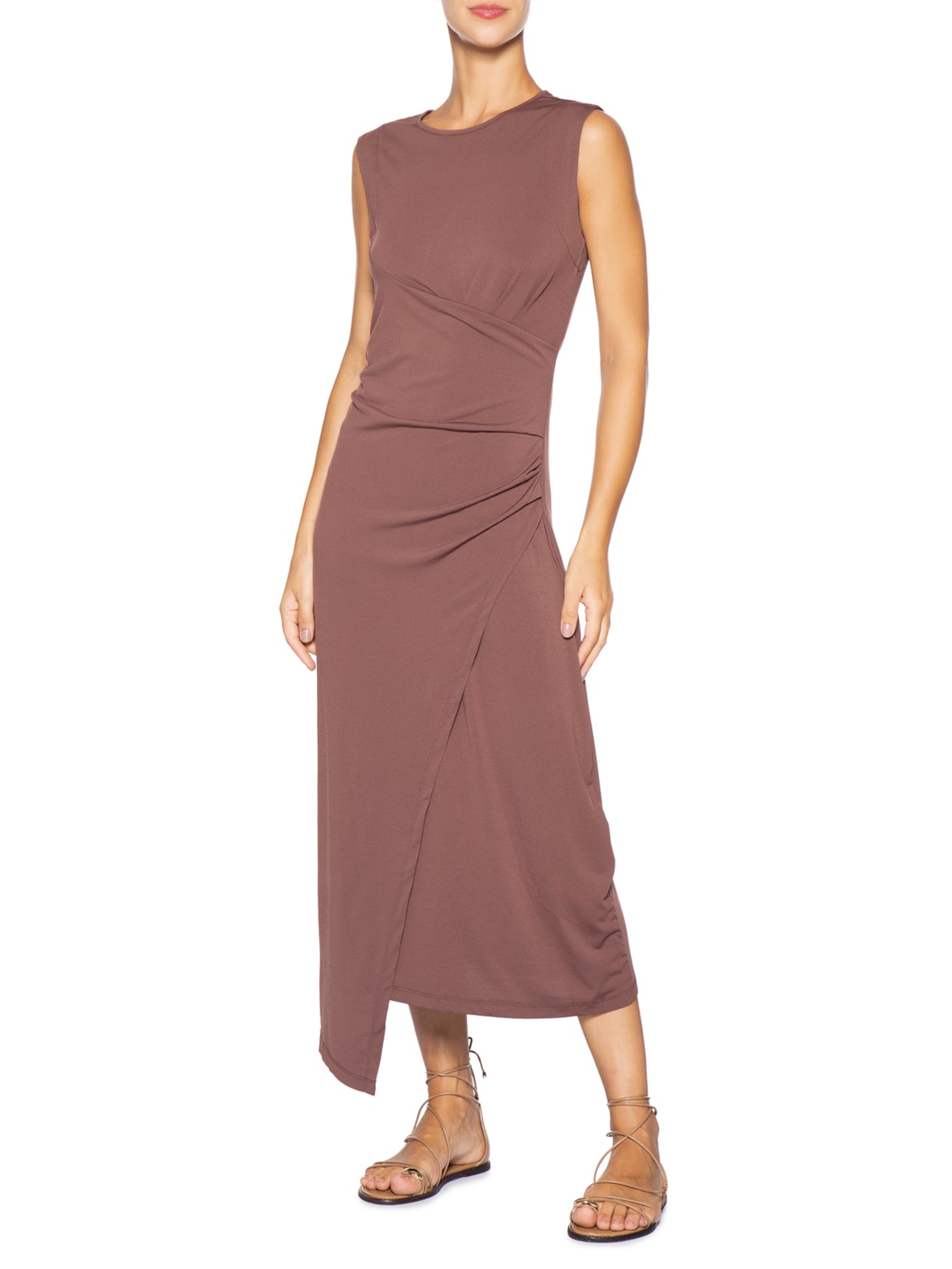 Vestido Midi Drapeado Marrom Basiq