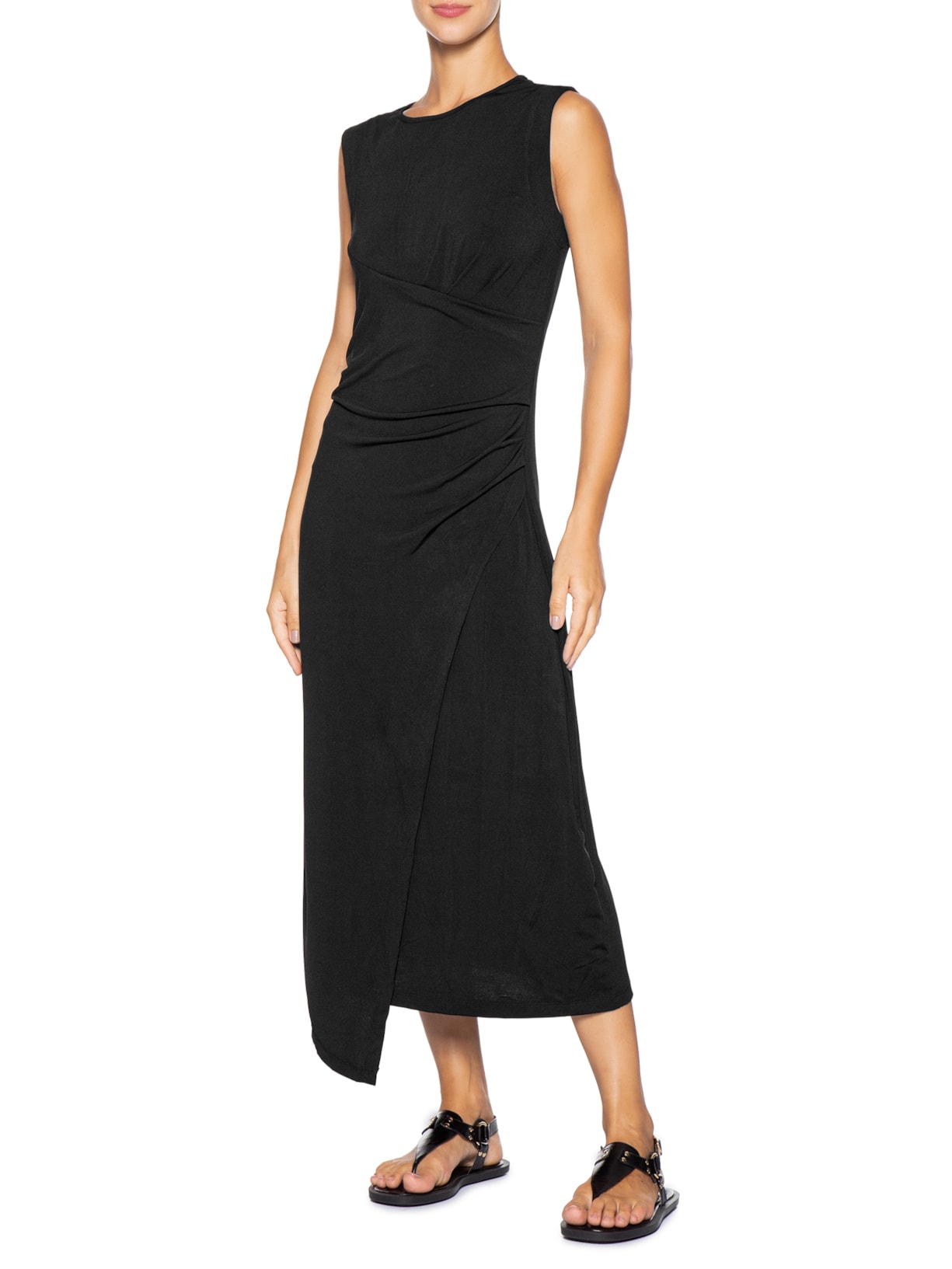 Vestido Midi Drapeado Preto Basiq