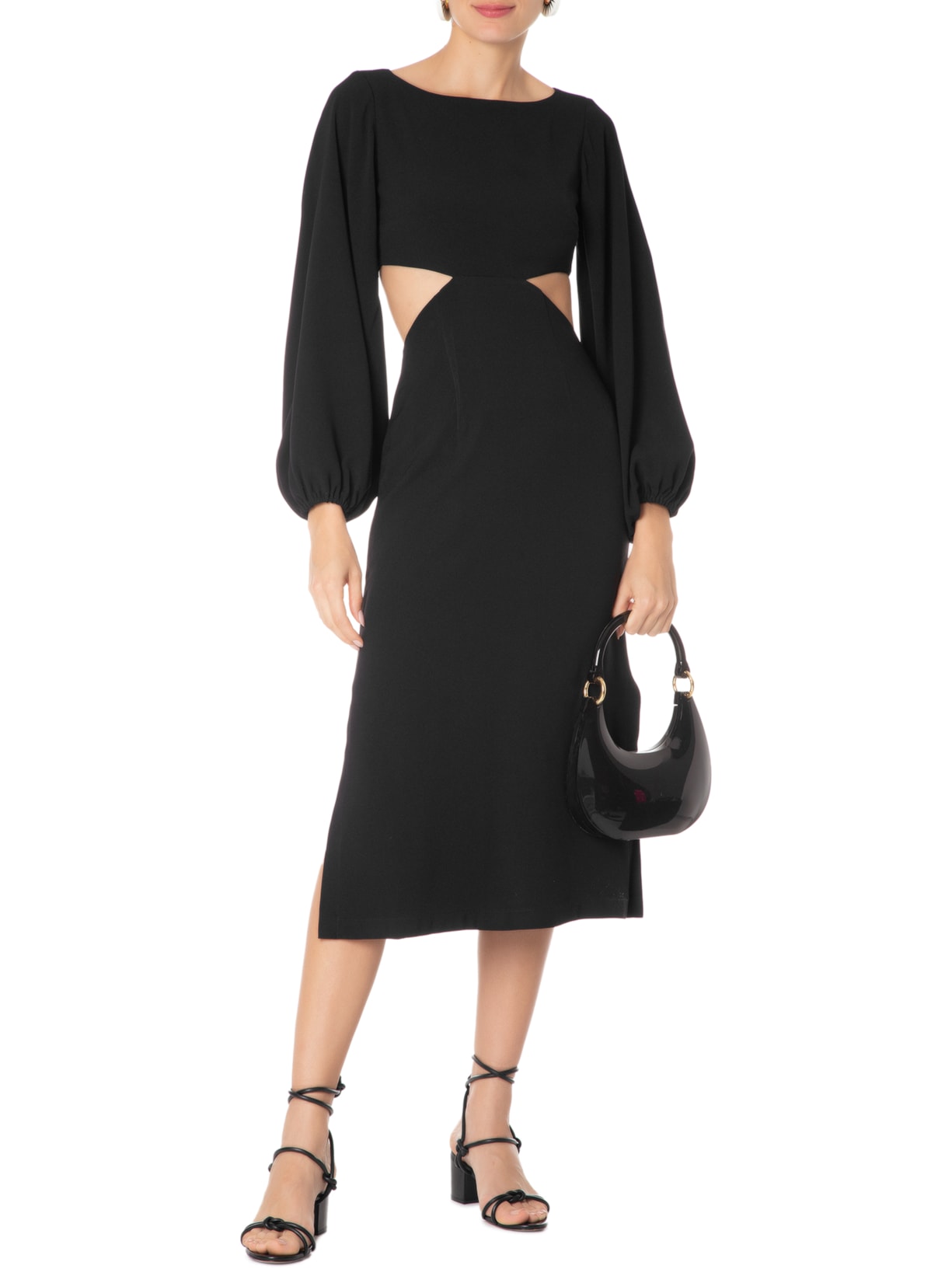 Vestido Midi Em Crepe Manga Com Volume Preto '2Essential