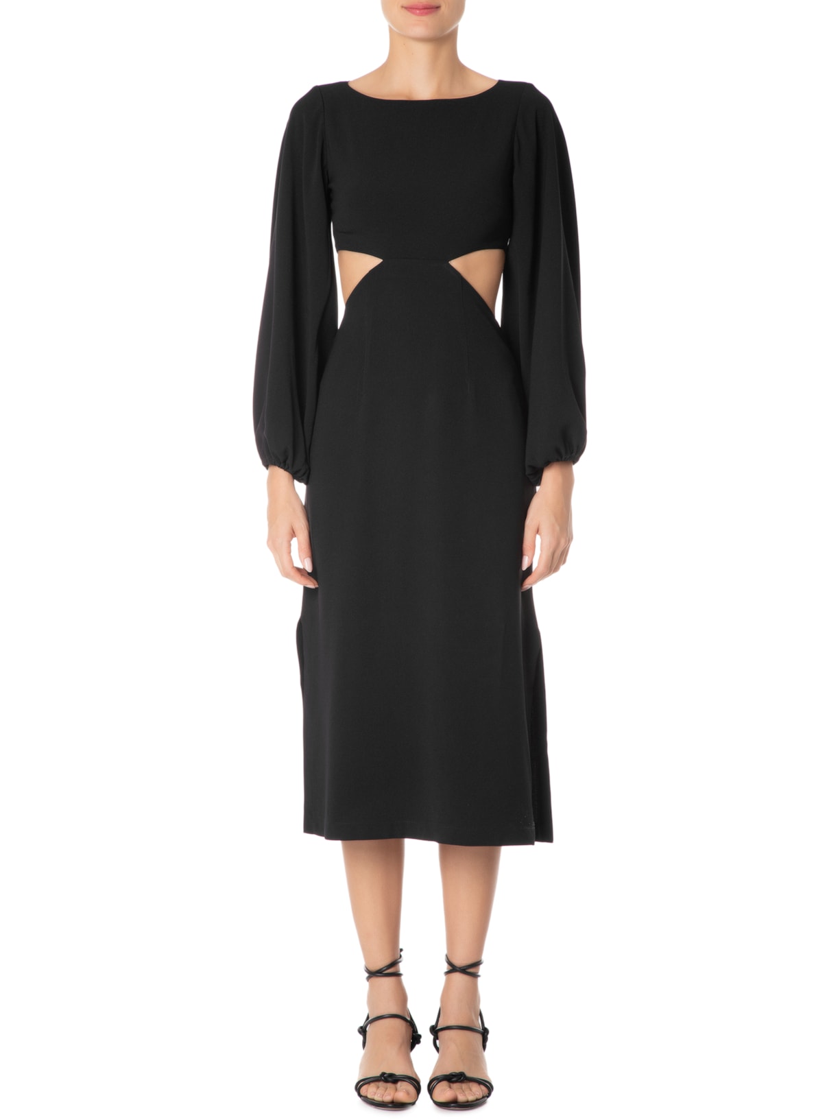 Vestido Midi Em Crepe Manga Com Volume Preto '2Essential