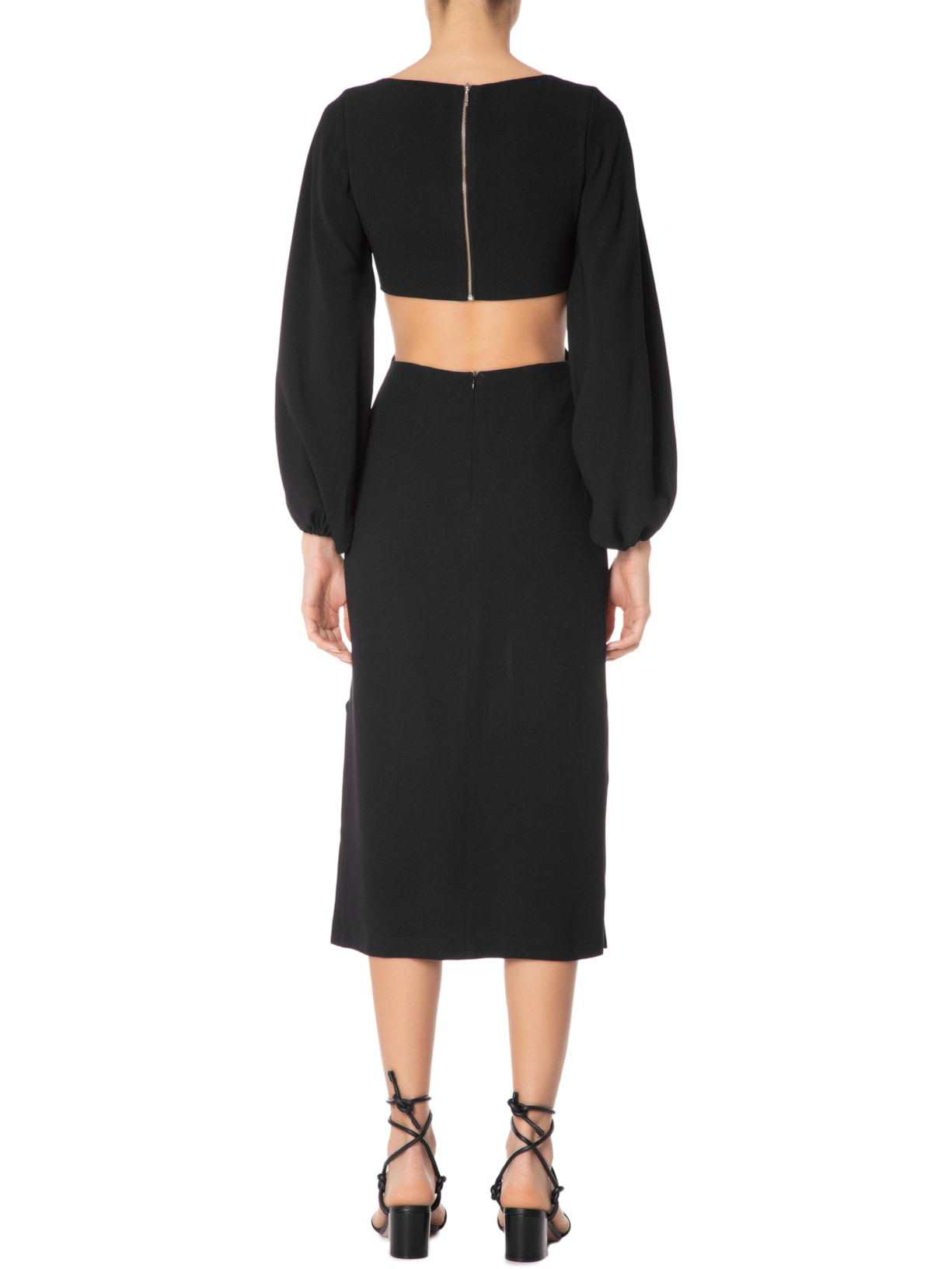 Vestido Midi Em Crepe Manga Com Volume Preto '2Essential