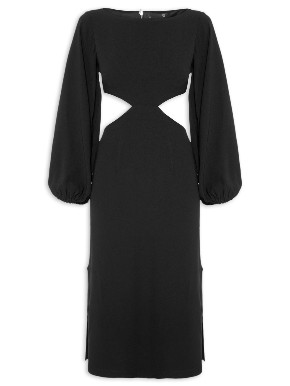 Vestido Midi Em Crepe Manga Com Volume - Preto