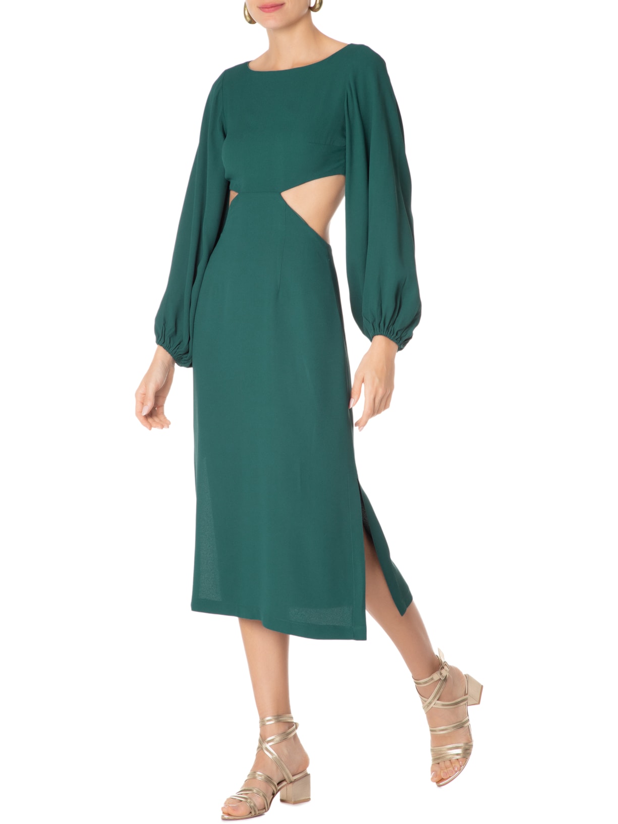 Vestido Midi Em Crepe Manga Com Volume Verde '2Essential