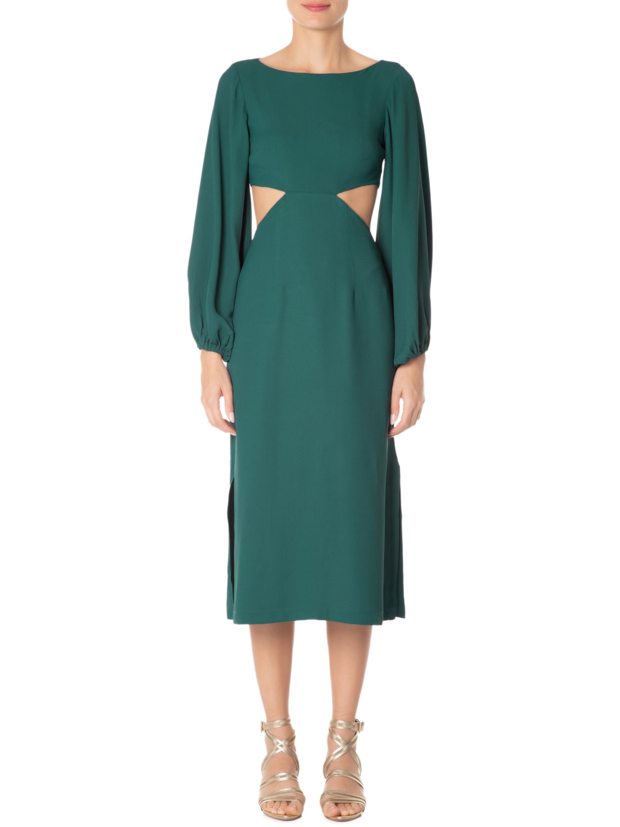 Vestido Midi Em Crepe Manga Com Volume Verde '2Essential