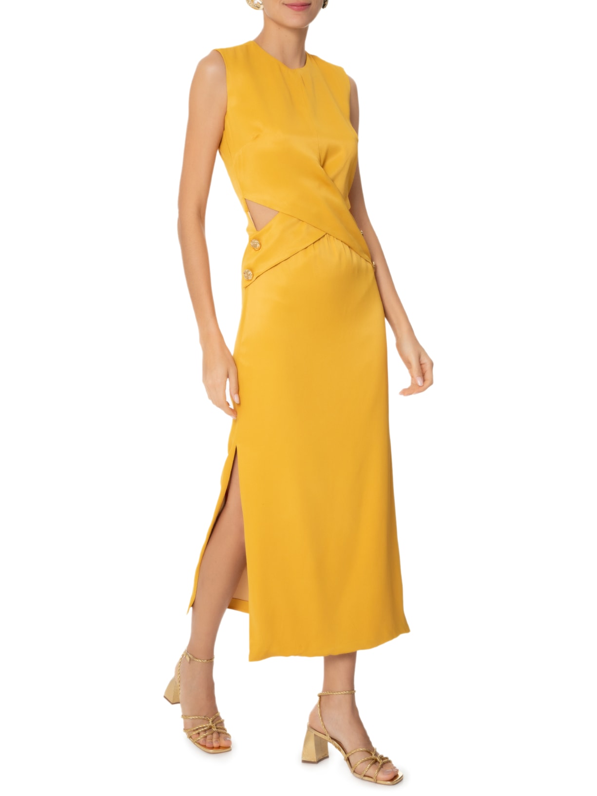 Vestido Midi Em Crepe Transpasse Amarelo '2Essential