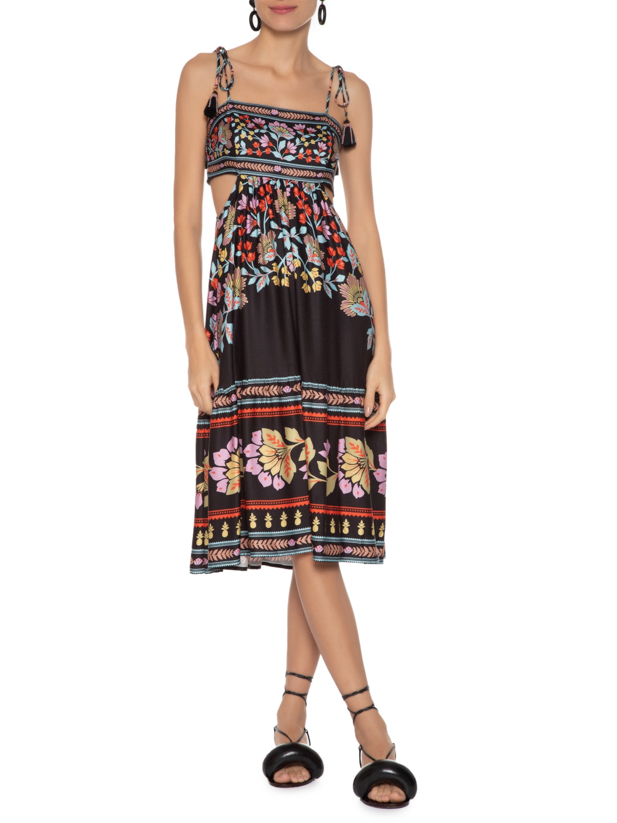 Vestido Midi Em Flor Preto Farm