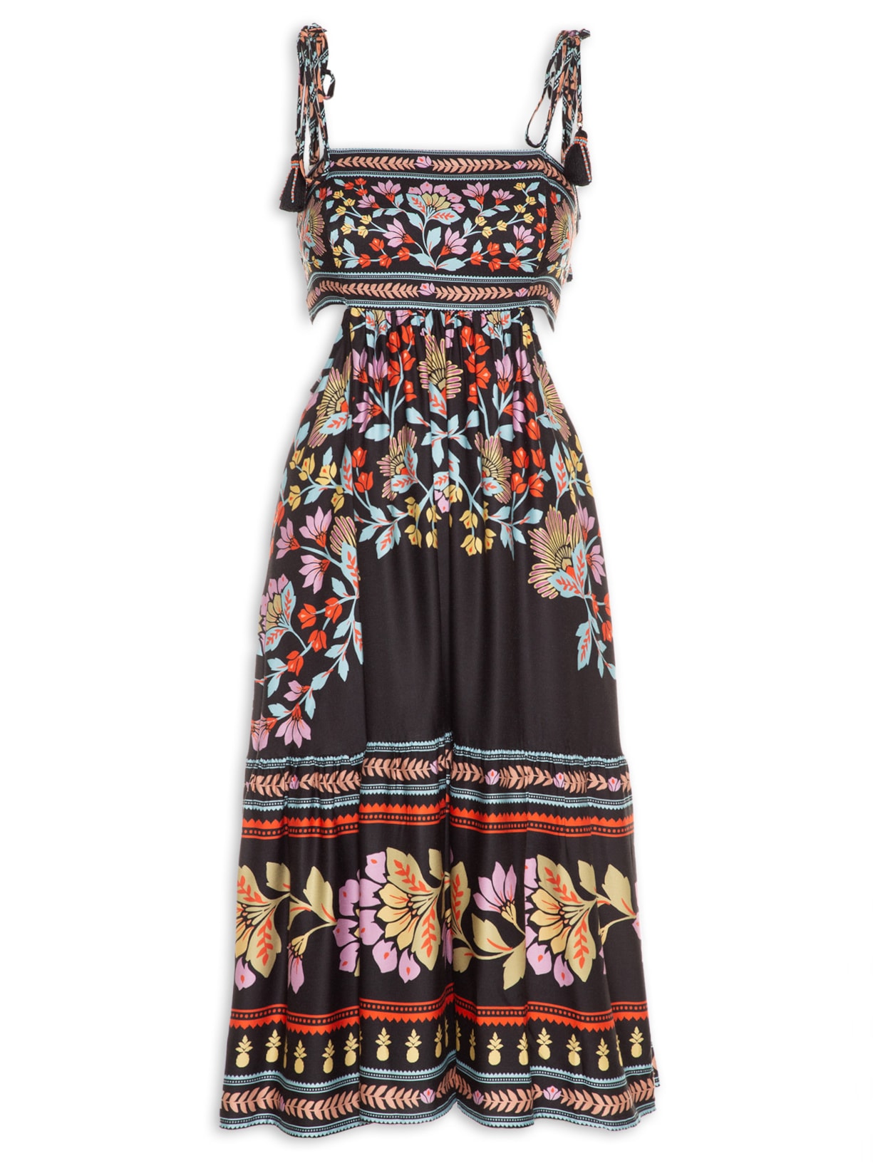 Vestido Midi Em Flor Preto Farm
