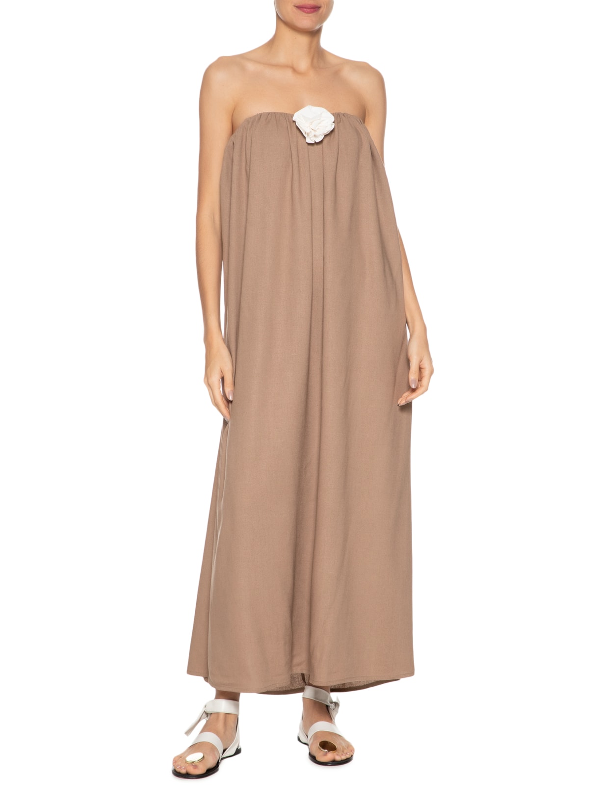 Vestido Midi Em Linho Misto Bege '2Essential