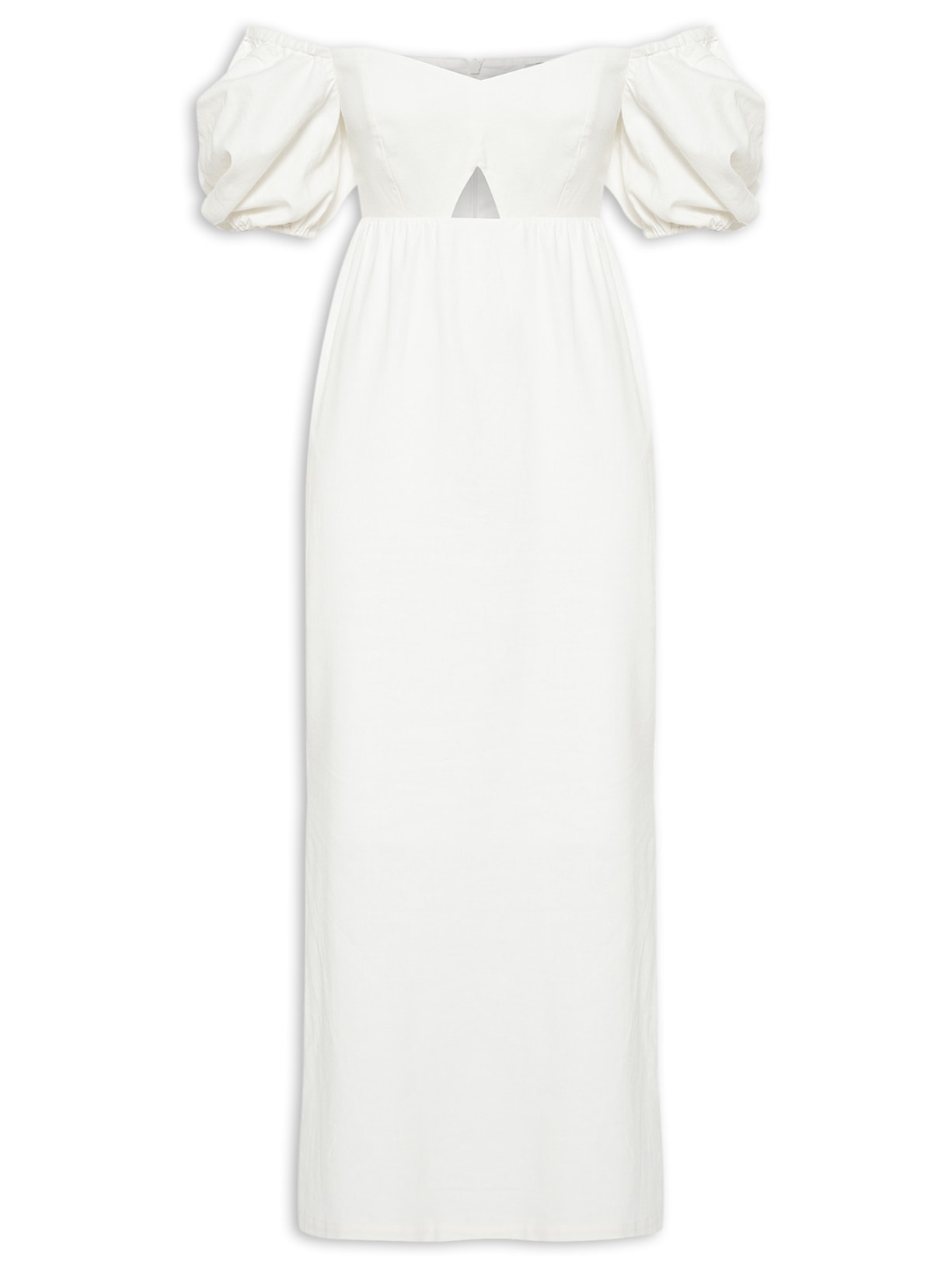 Vestido Midi Em Linho Misto Manga Bufante - Off White