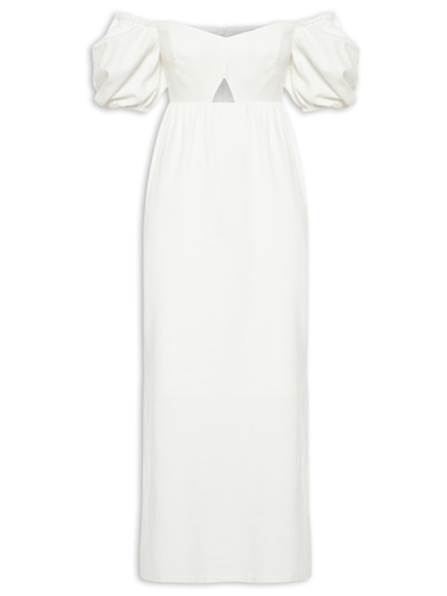Vestido Midi Em Linho Misto Manga Bufante - Off White