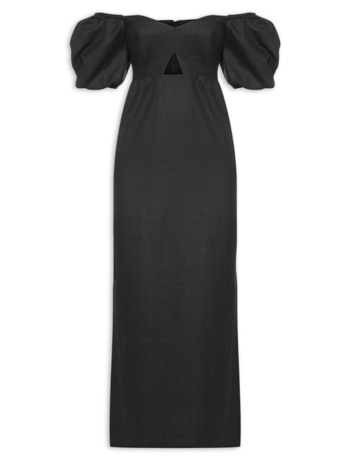Vestido Midi Em Linho Misto Manga Bufante - Preto