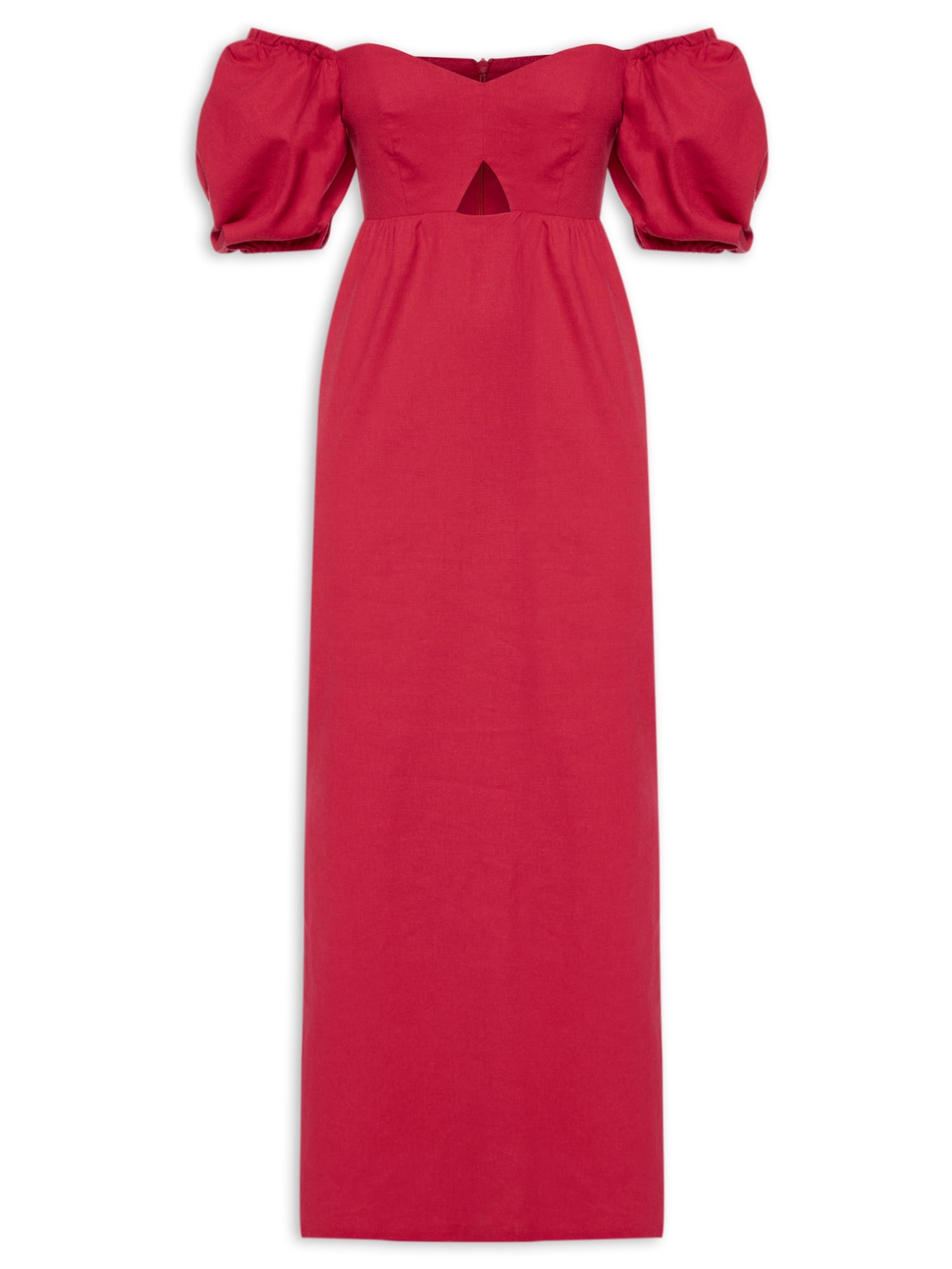 Vestido Midi Em Linho Misto Manga Bufante - Vermelho