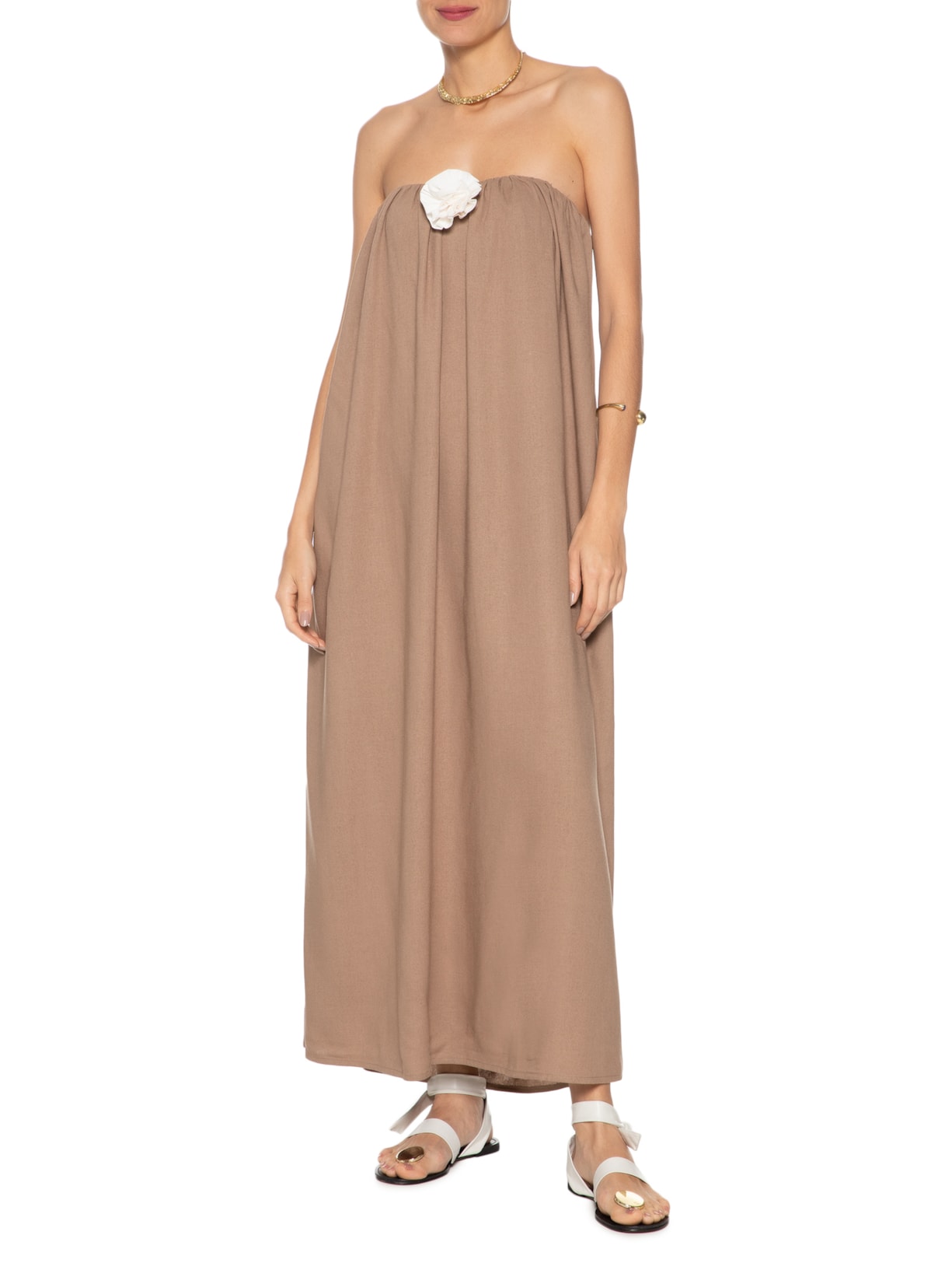 Vestido Midi Em Linho Misto Marrom '2Essential