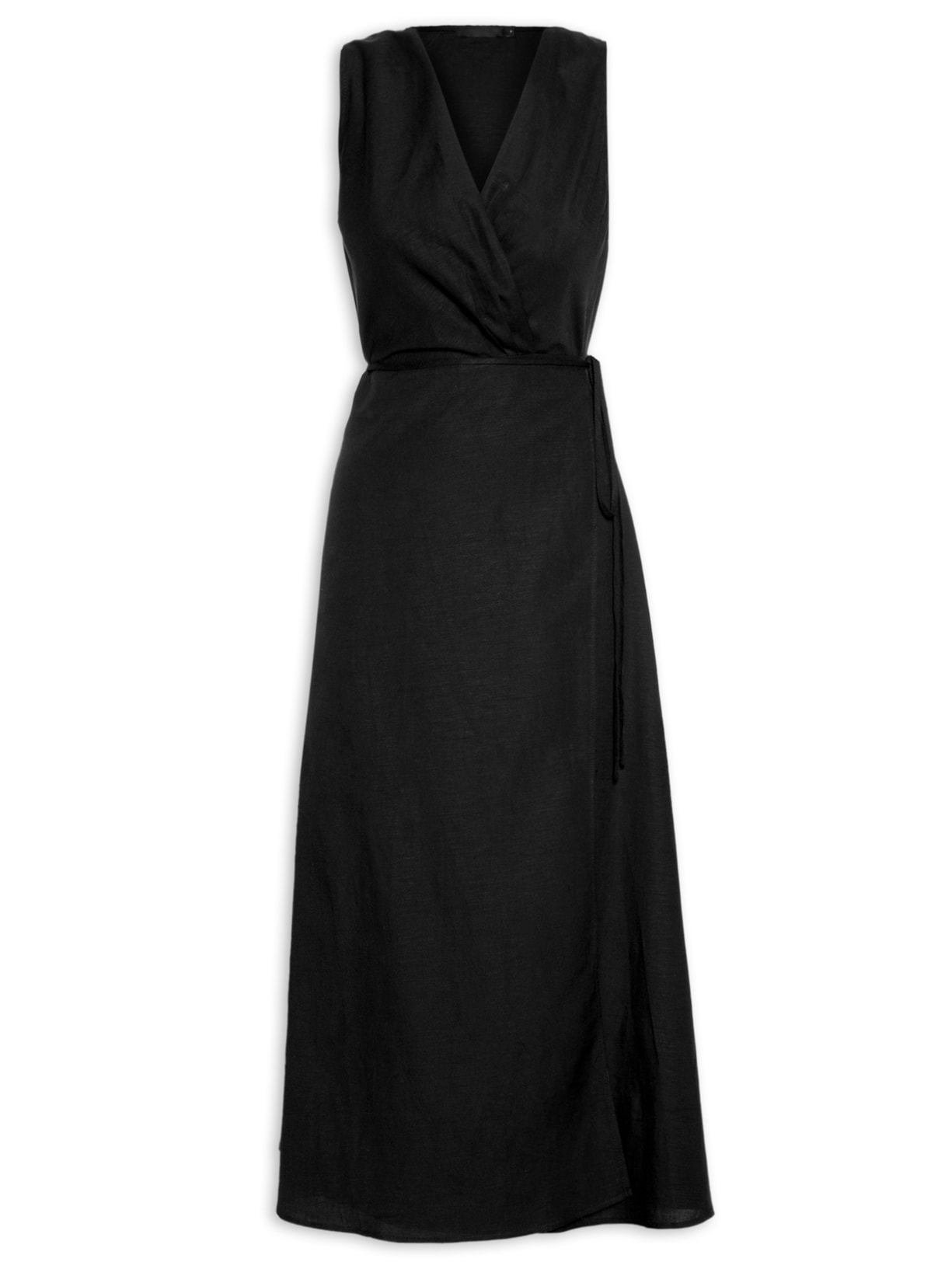 Vestido Midi Em Linho Misto Transpasse - Preto