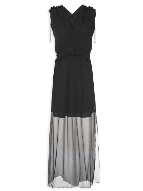Vestido Midi Em Seda Pura Com Canaletas - Preto