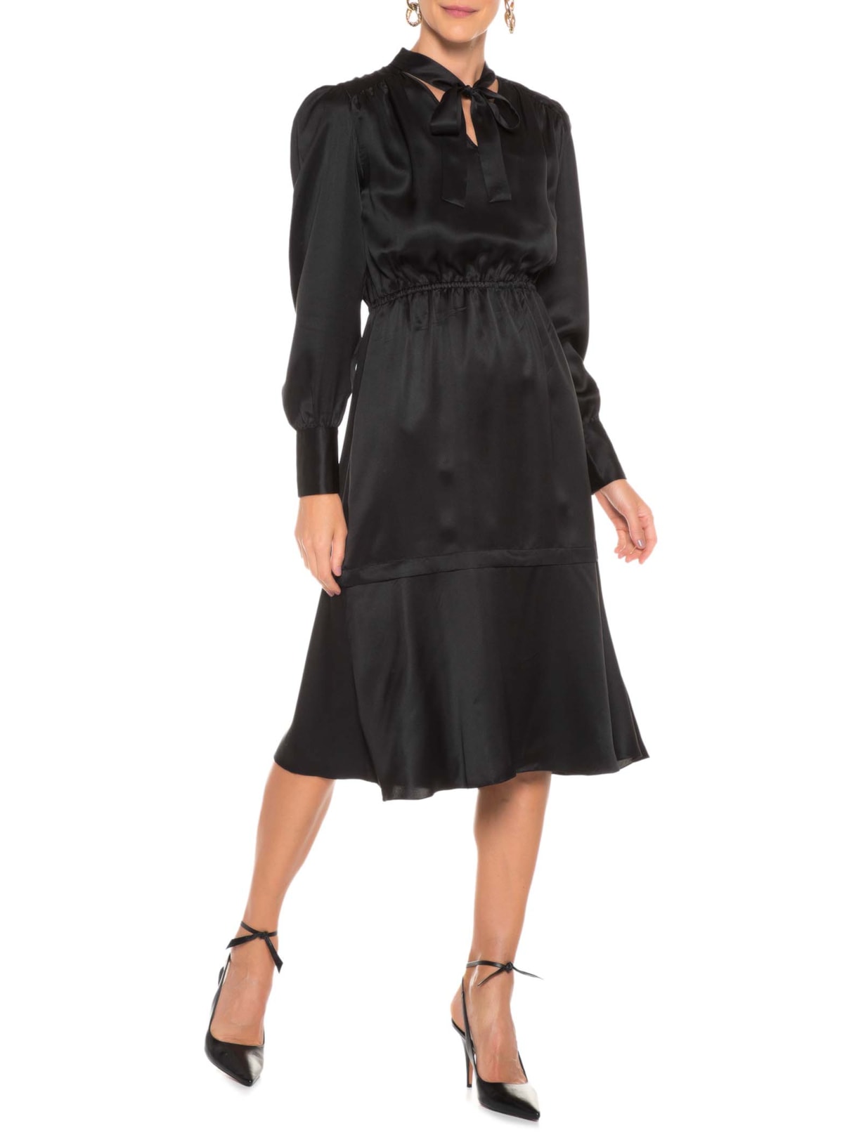 Vestido Midi Em Seda Pura Com Faixa Preto '2Essential