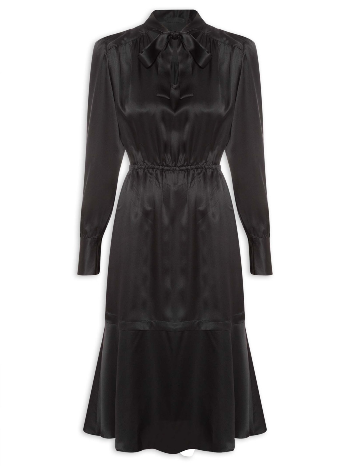 Vestido Midi Em Seda Pura Com Faixa - Preto