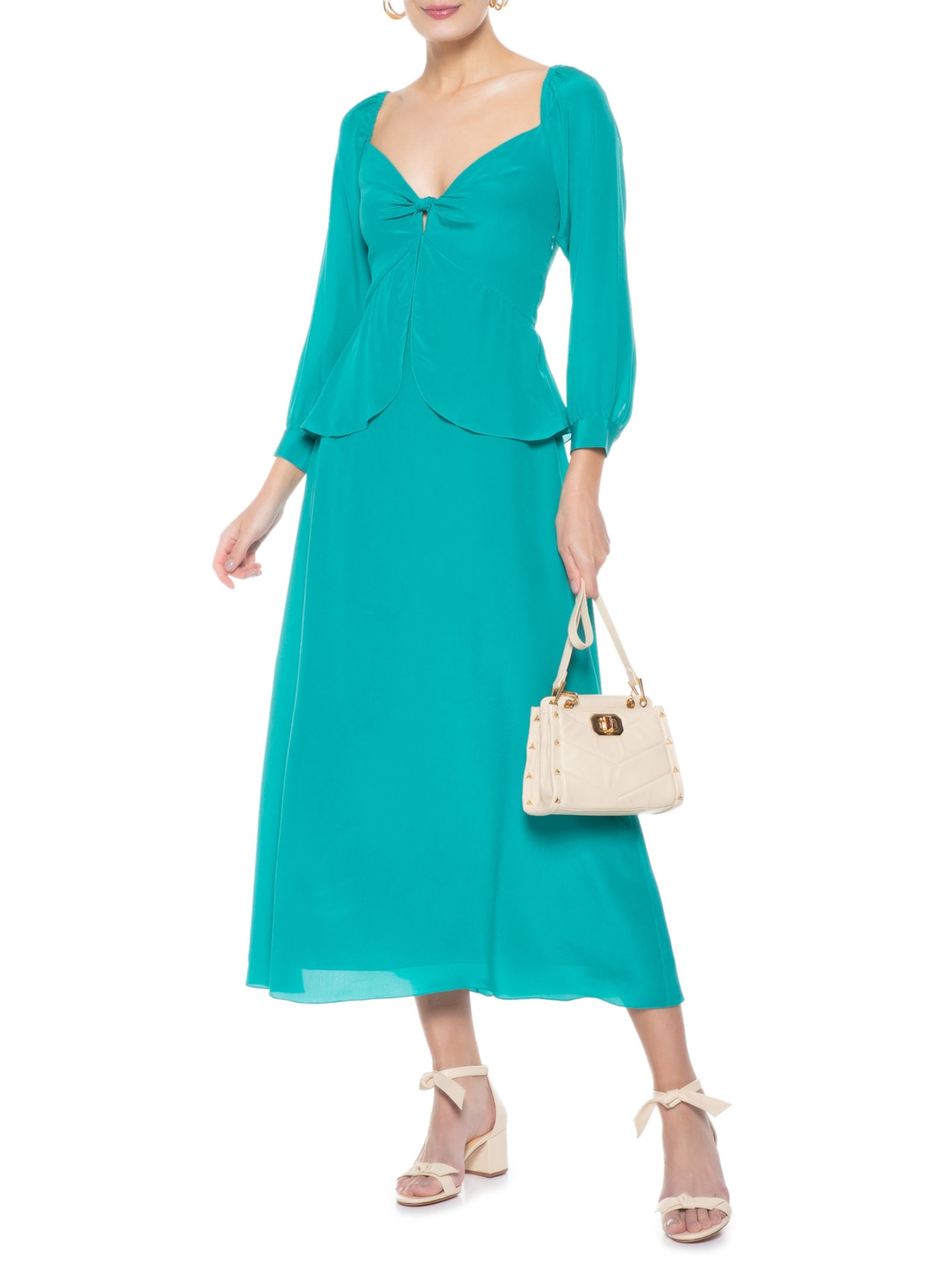 Vestido Midi Em Seda Pura Decote V Verde '2Essential