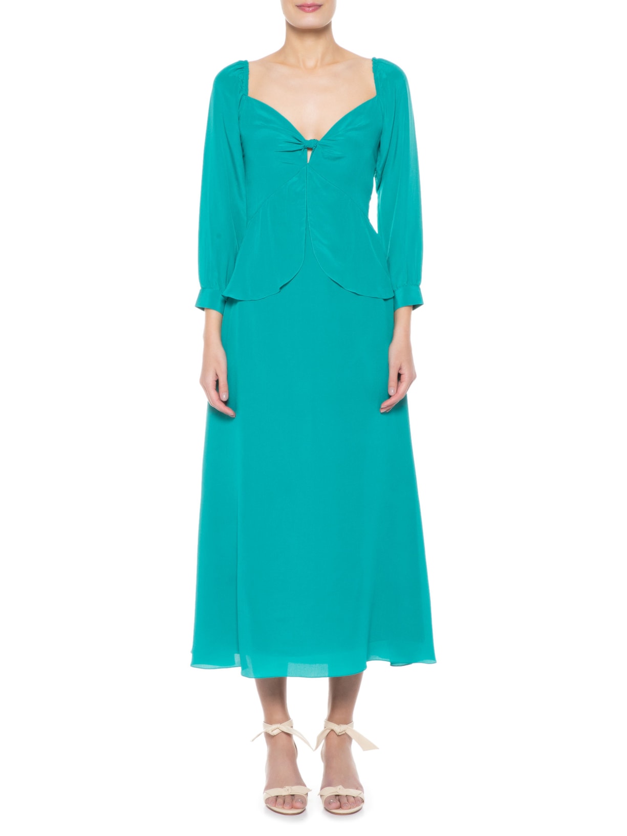 Vestido Midi Em Seda Pura Decote V Verde '2Essential