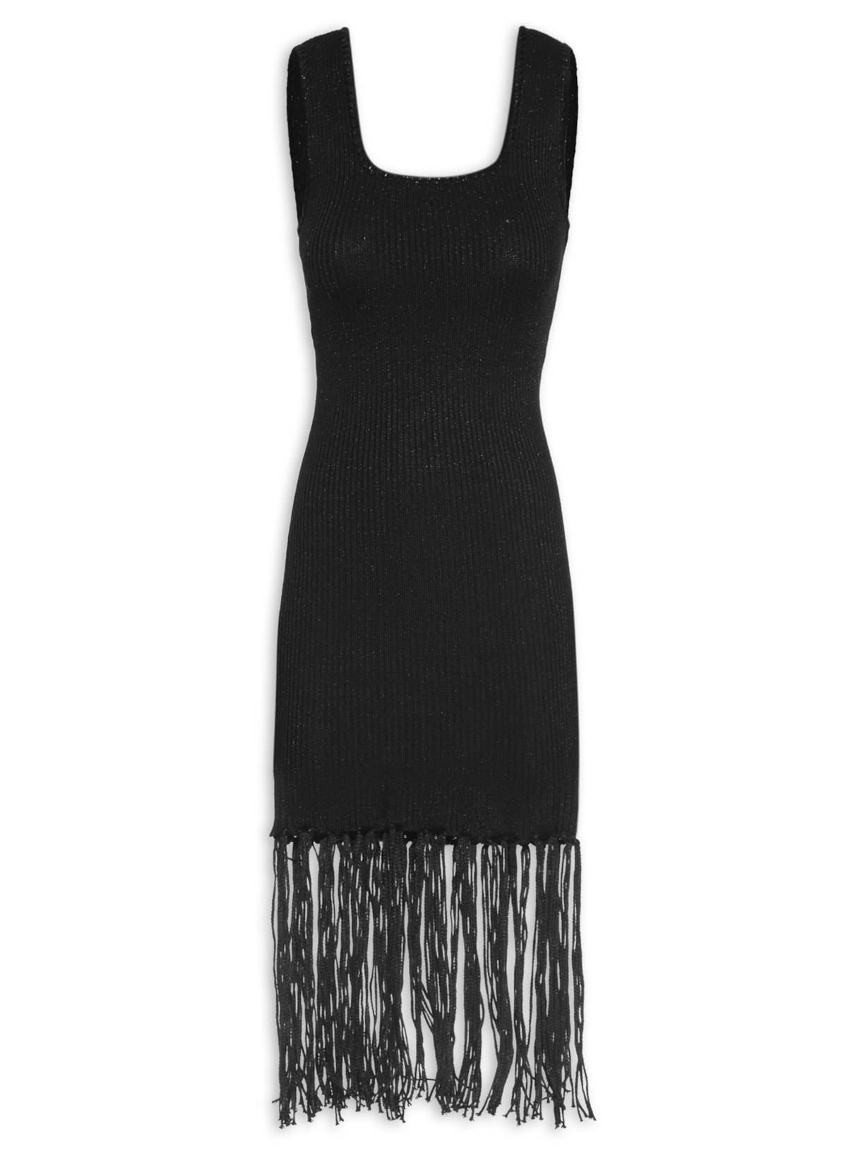 Vestido Midi Em Tricot Franjas - Preto