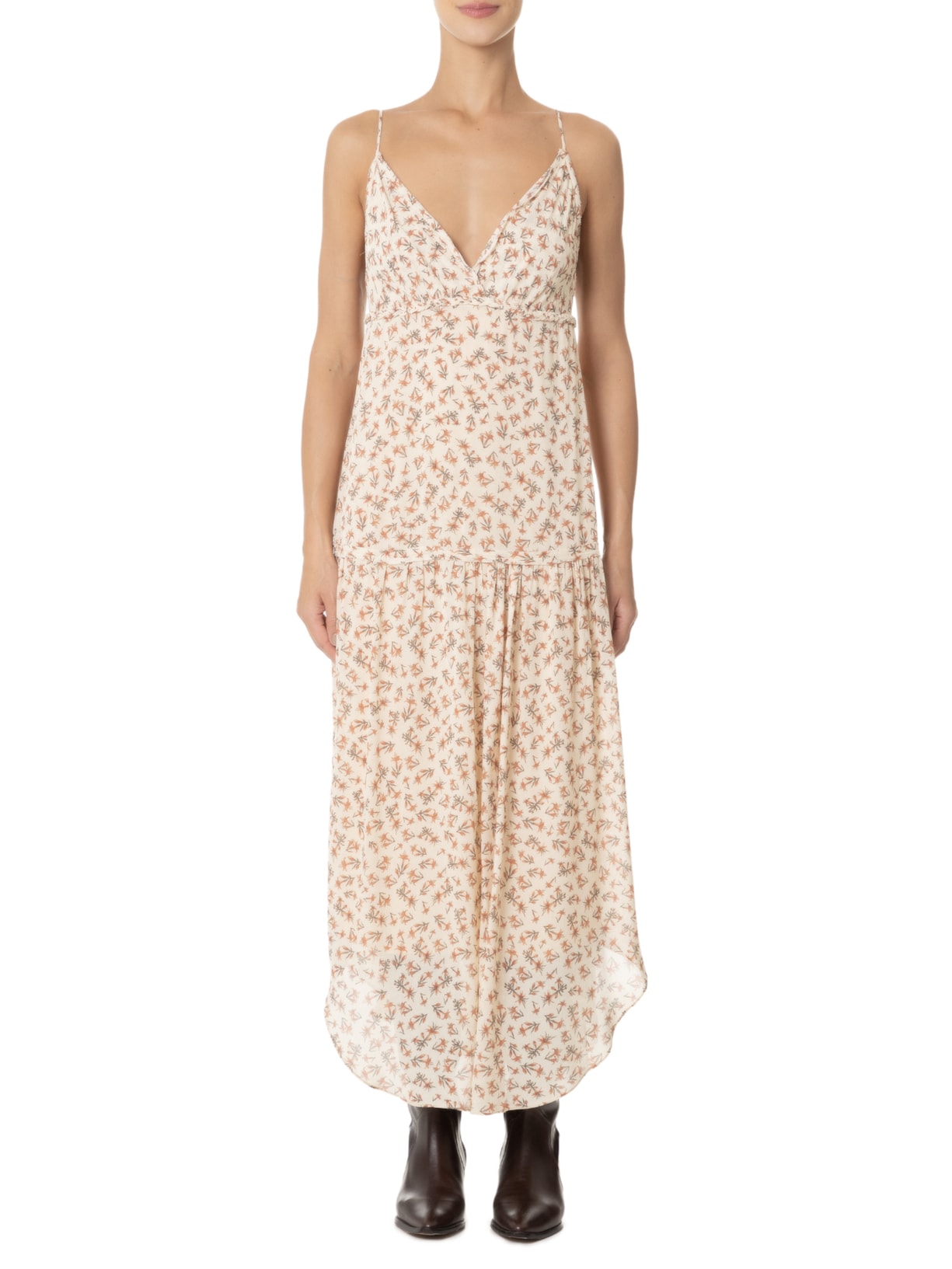 Vestido Midi Estampa Magnolia Floral  Bege  Maria Filó