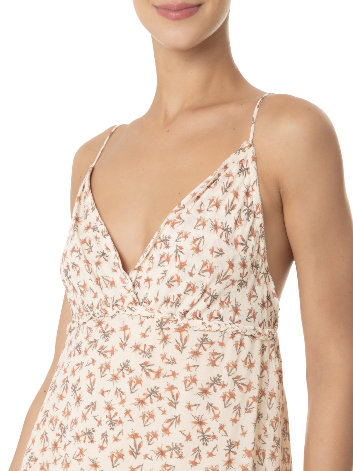 Vestido Midi Estampa Magnolia Floral  Bege  Maria Filó