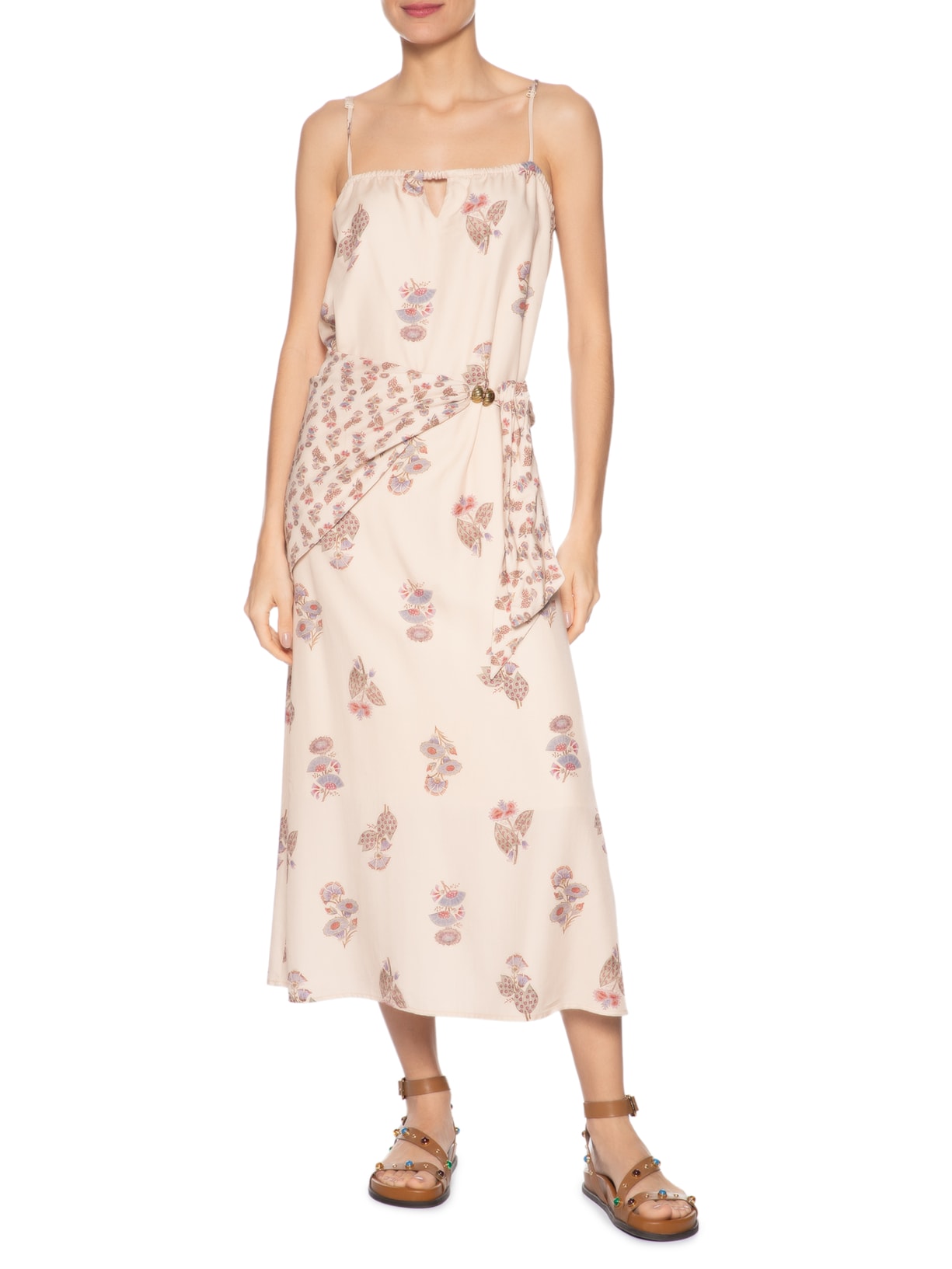 Vestido Midi Estampa Petal Bege Maria Filó