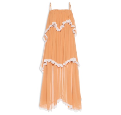 Vestido Midi Evasê Com Babados Aplicados - Bege