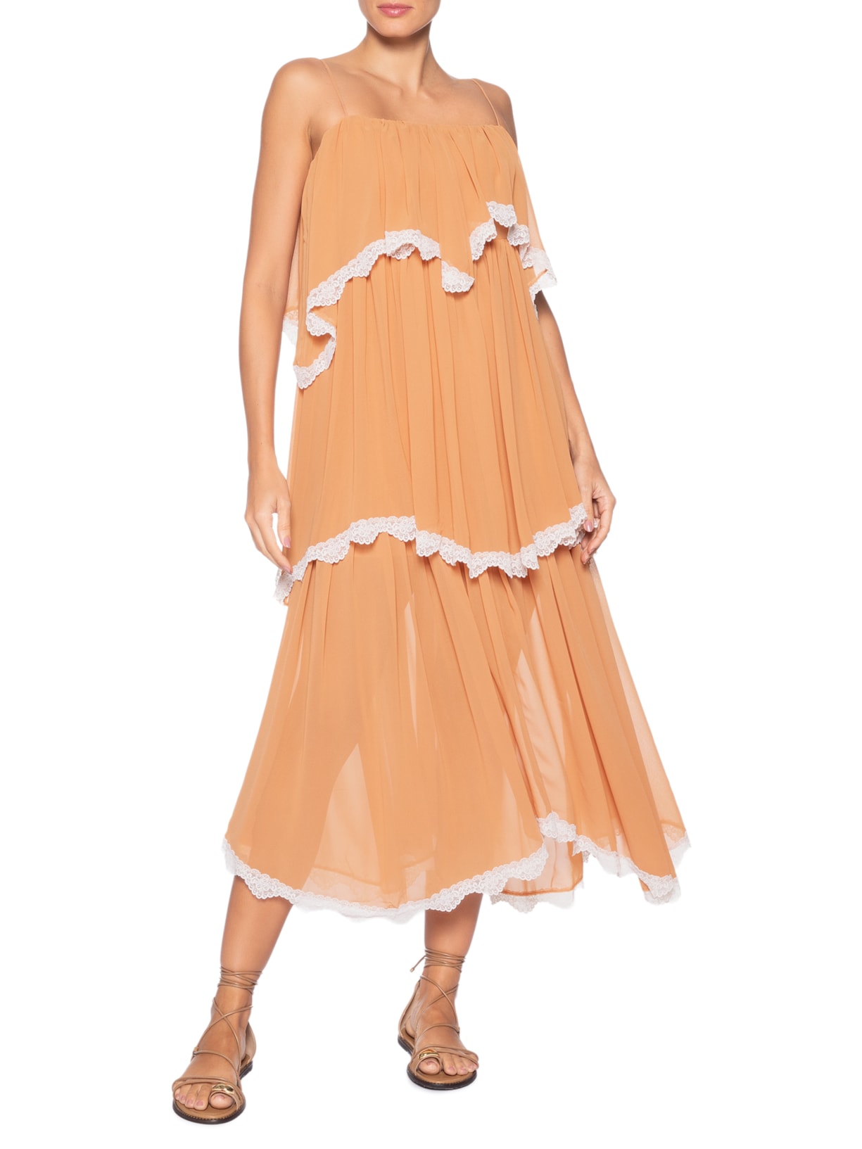 Vestido Midi Evasê Com Babados Aplicados Bege '2Essential