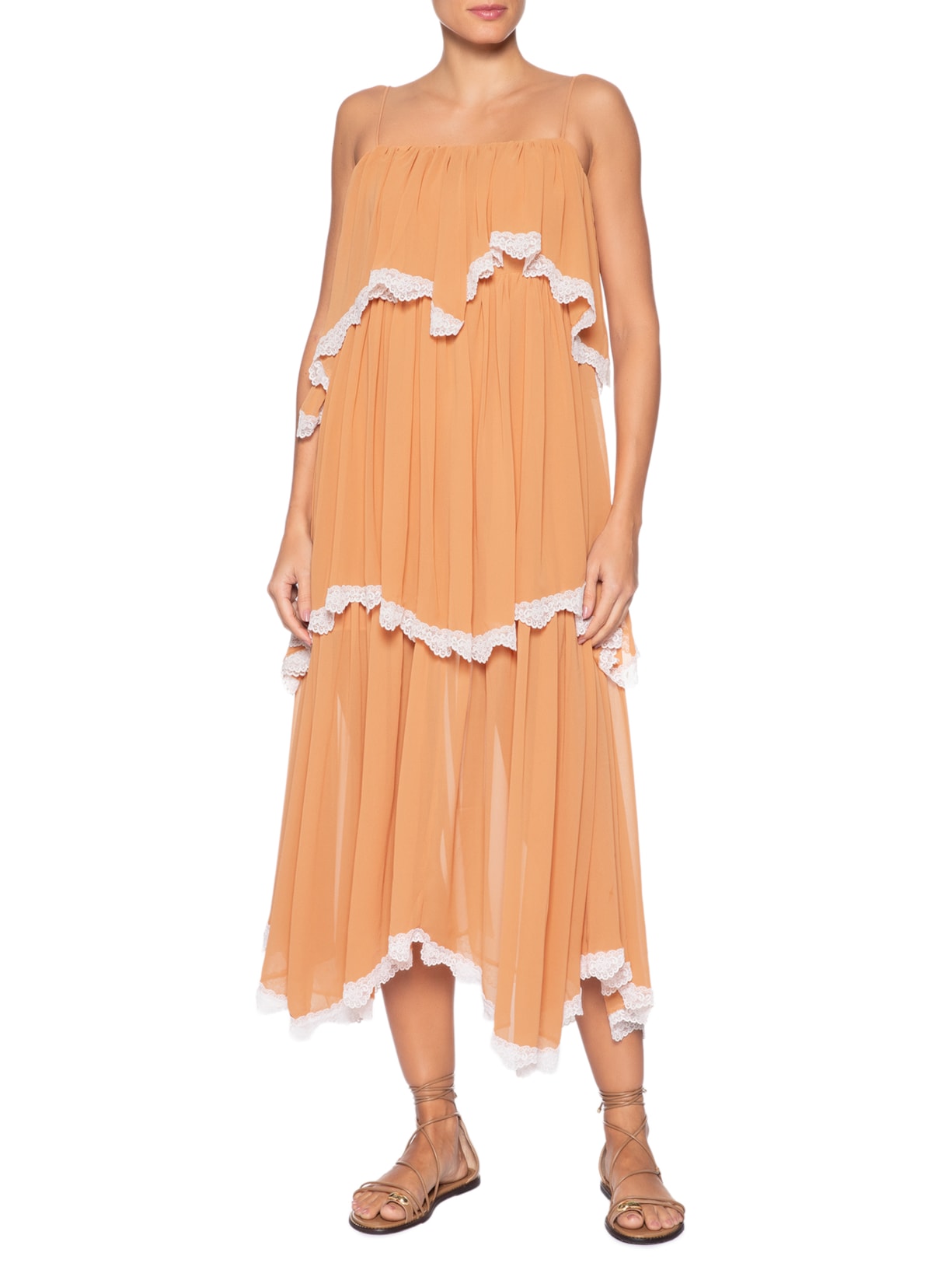 Vestido Midi Evasê Com Babados Aplicados Bege '2Essential