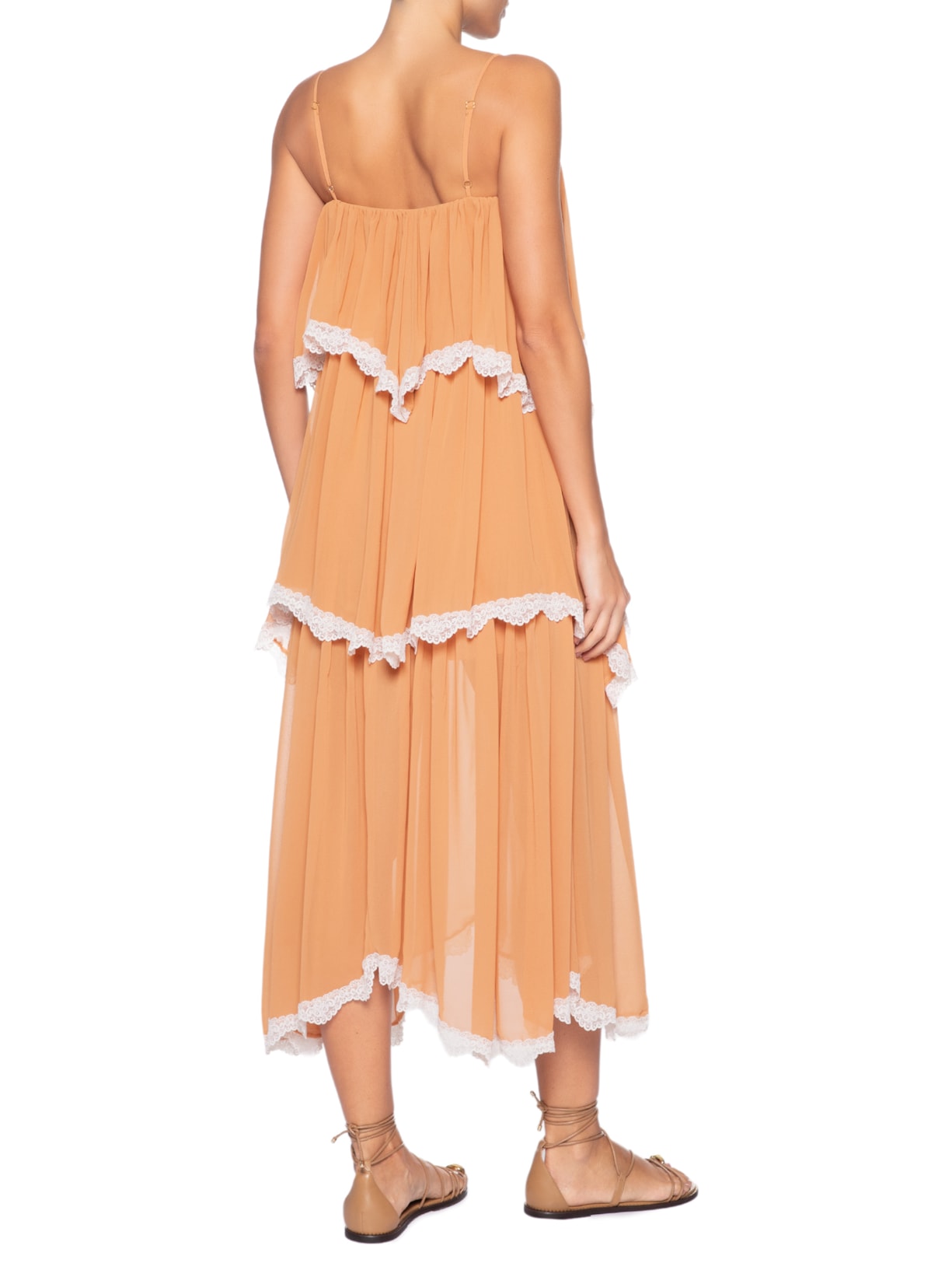 Vestido Midi Evasê Com Babados Aplicados Bege '2Essential