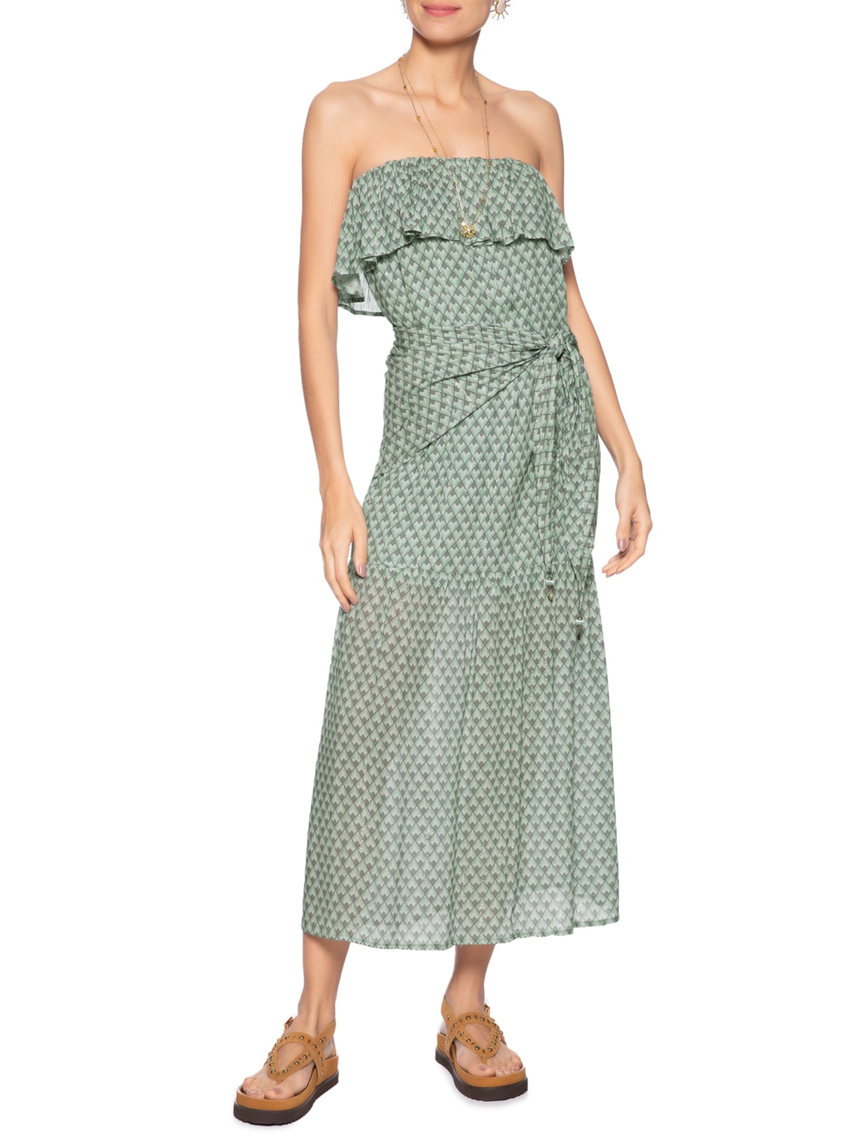 Vestido Midi Faixa Estampada Pacco Verde Maria Filó
