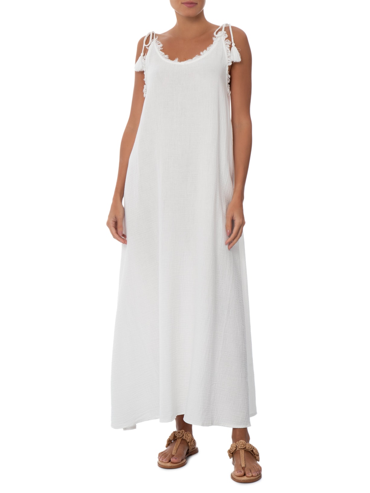 Vestido Midi Fendas Crinkle – Branco Farm Praia
