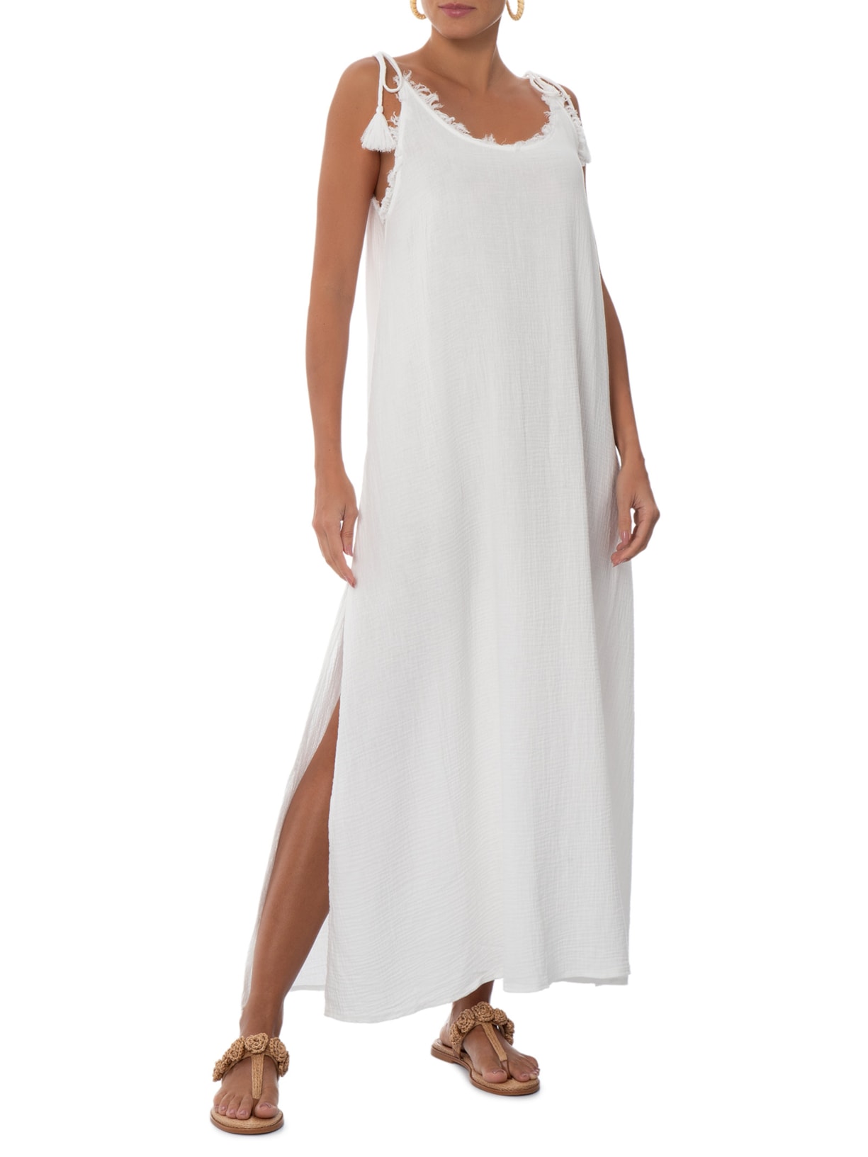Vestido Midi Fendas Crinkle – Branco Farm Praia