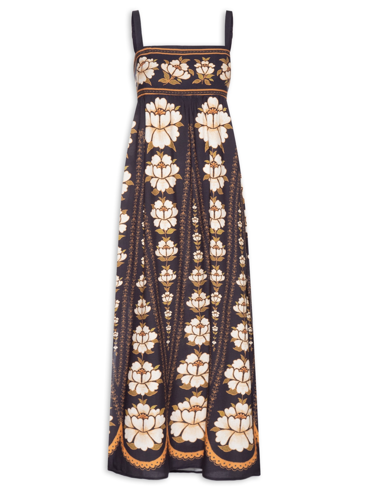 Vestido Midi Flor Bordada - Preto