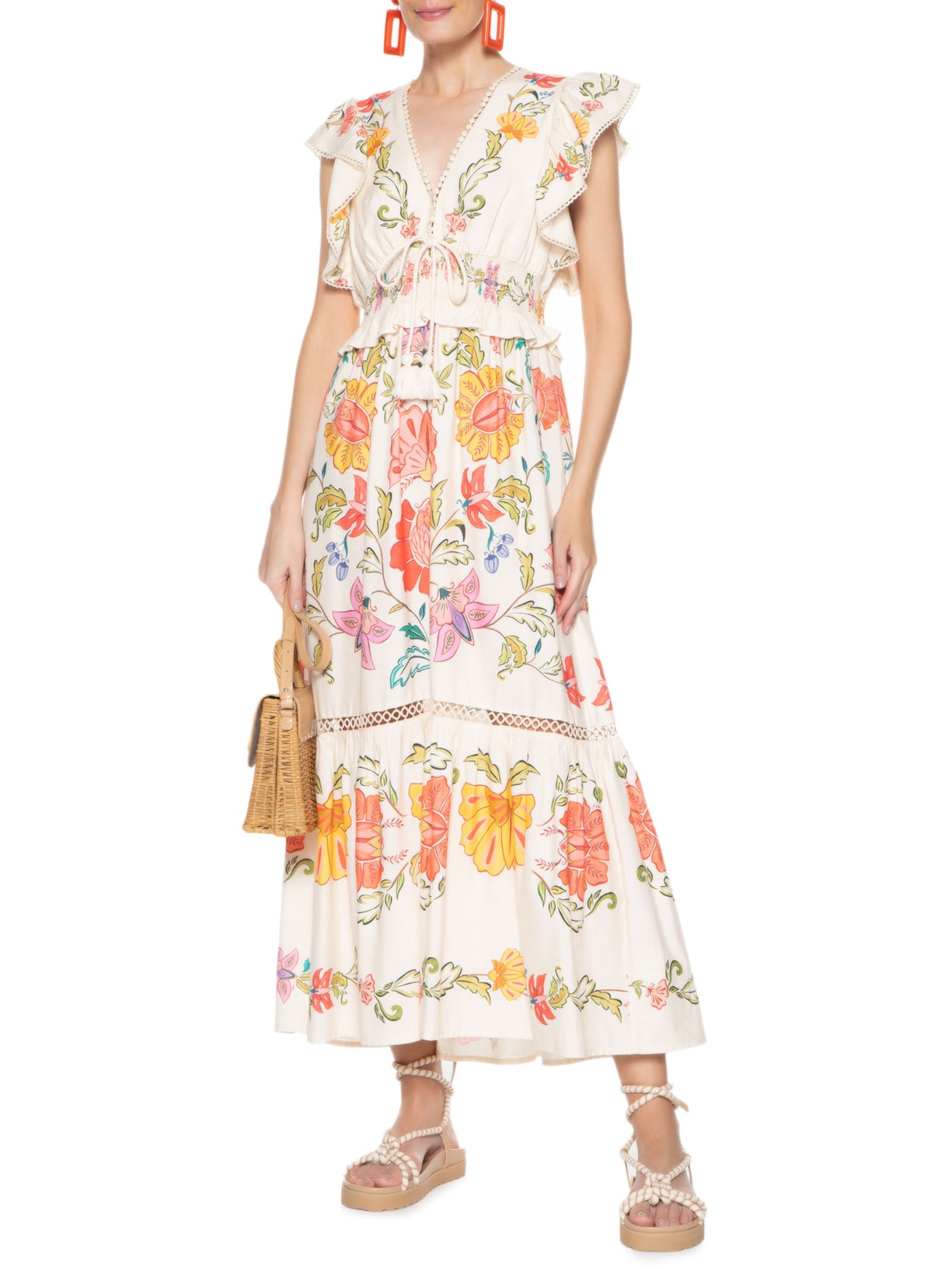 Vestido Midi Flor De Borboleta Bege Farm