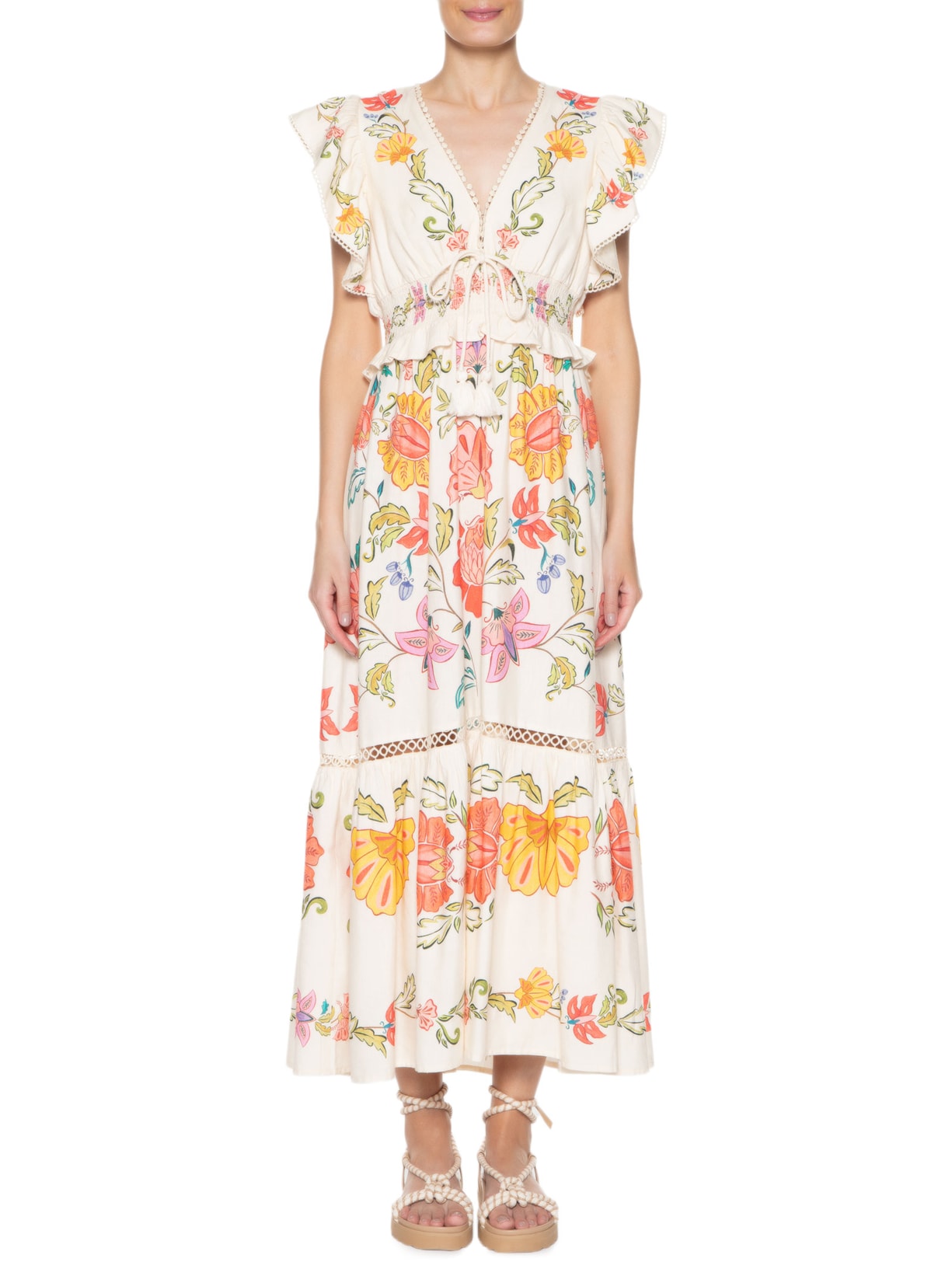 Vestido Midi Flor De Borboleta Bege Farm