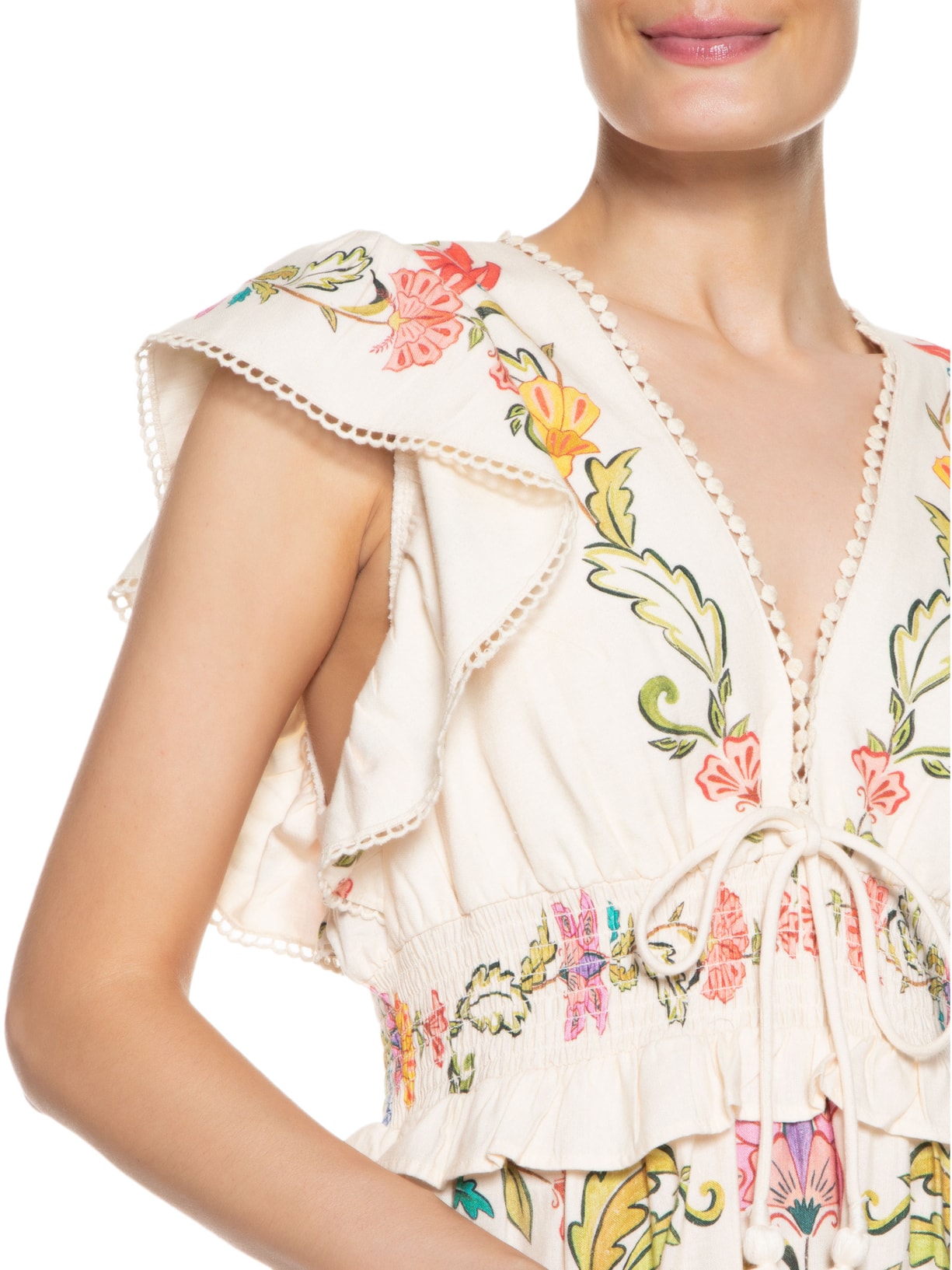 Vestido Midi Flor De Borboleta Bege Farm