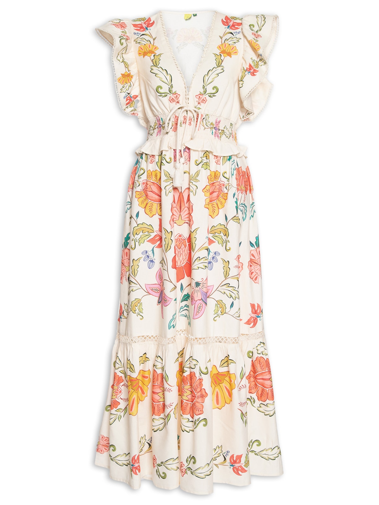 Vestido Midi Flor De Borboleta Bege Farm