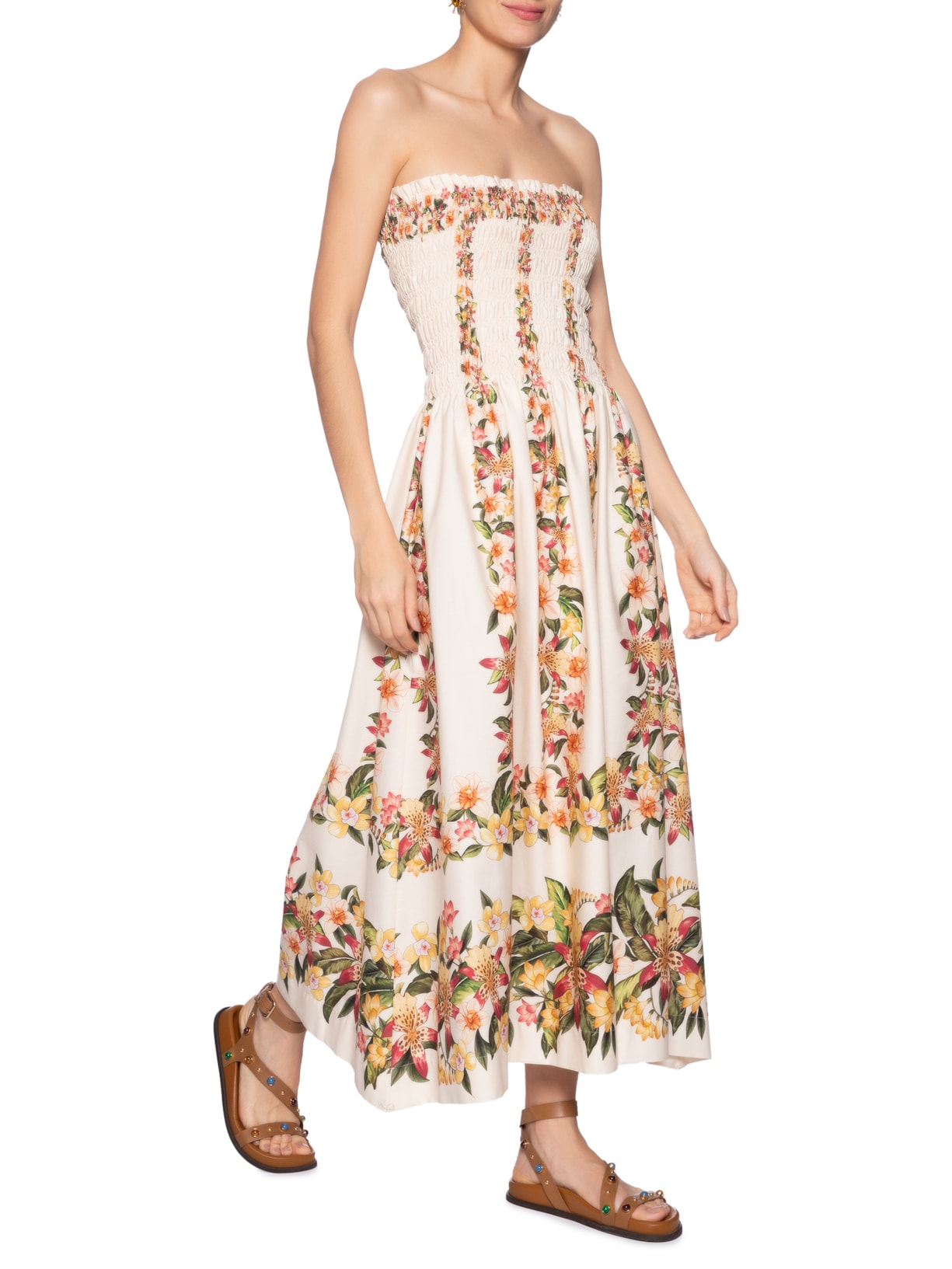 Vestido Midi Floral Mali Bege Farm