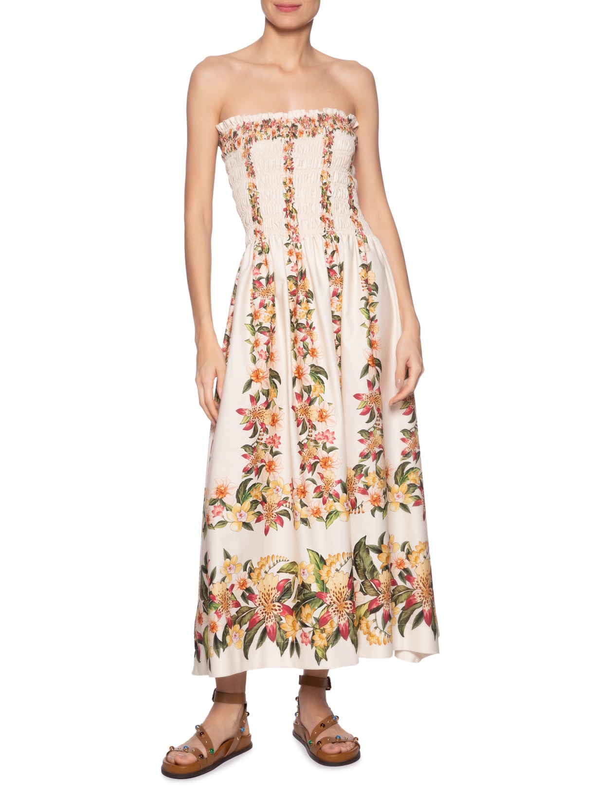 Vestido Midi Floral Mali Bege Farm